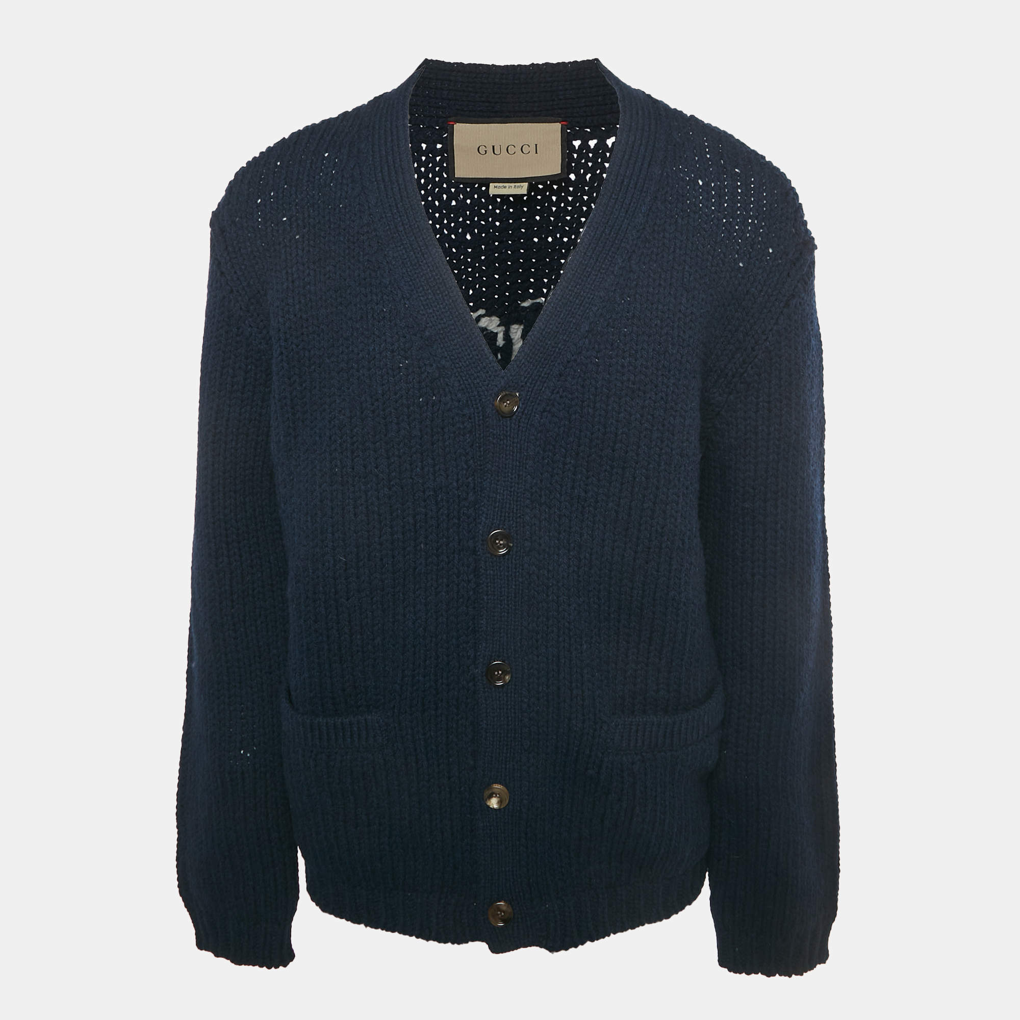 Pre Owned Gucci Navy Blue Logo Intarsia Cable Knit Cardigan L