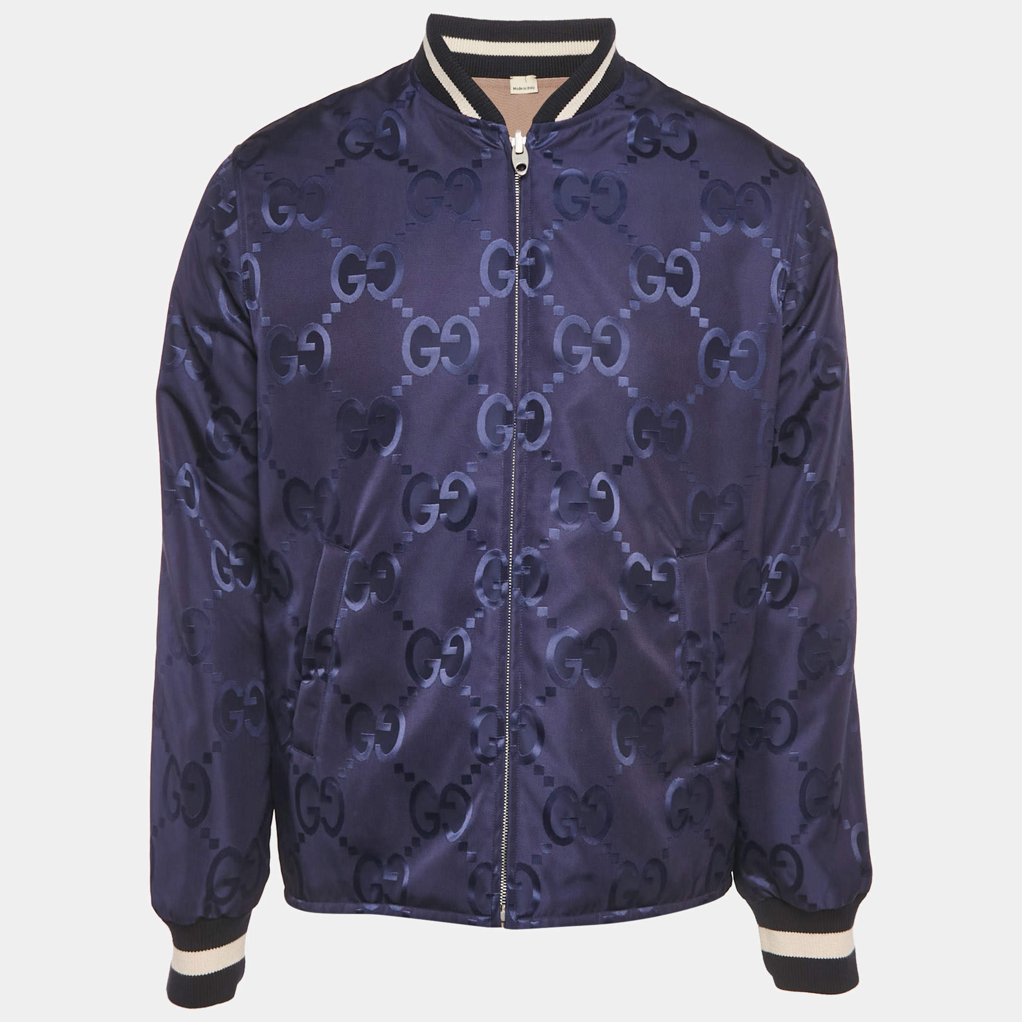 Pre Owned Gucci Blue/Beige Jumbo GG Nylon Reversible Jacket S