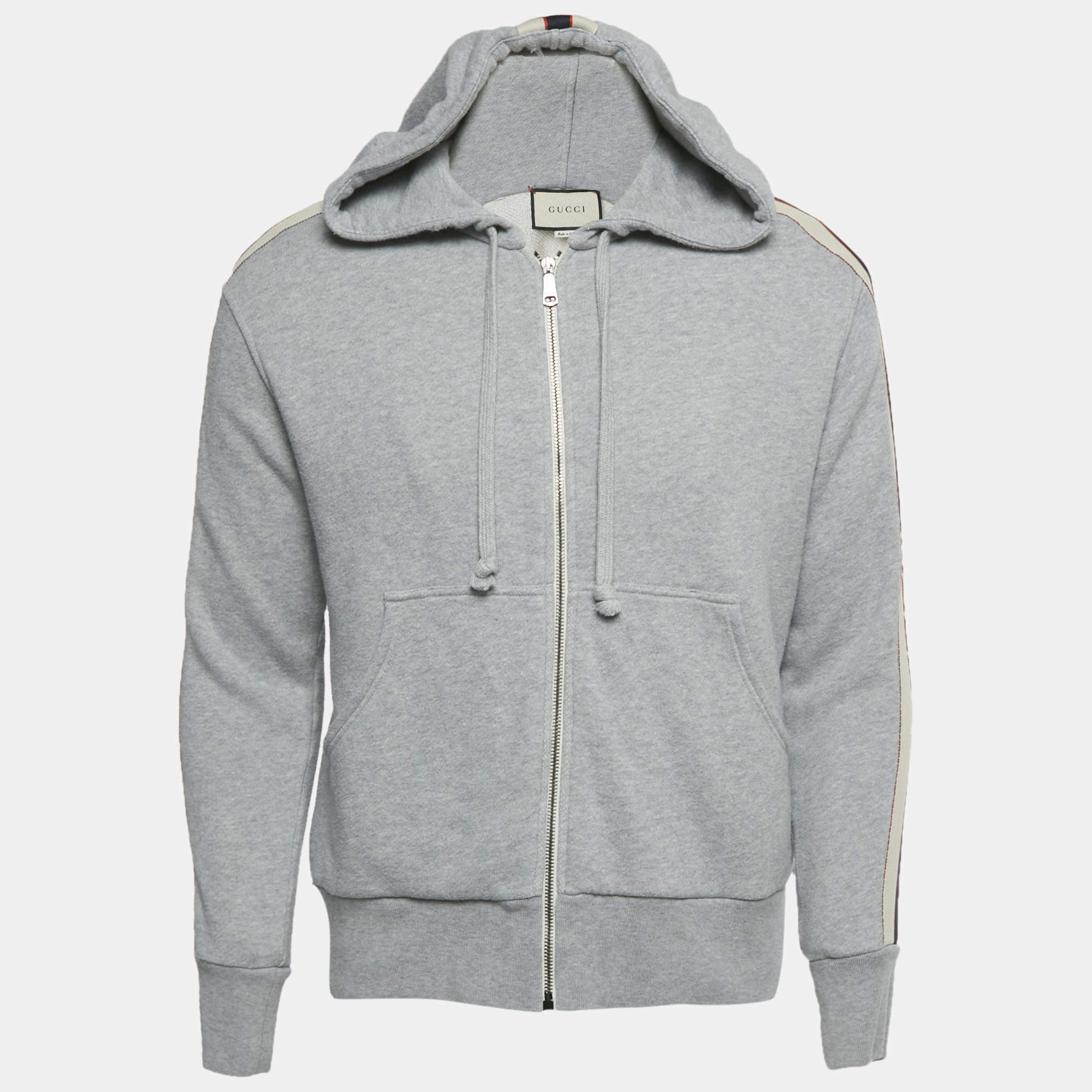 Pre Owned Gucci Grey Web Trim Cotton Zip-Up Hoodie XS