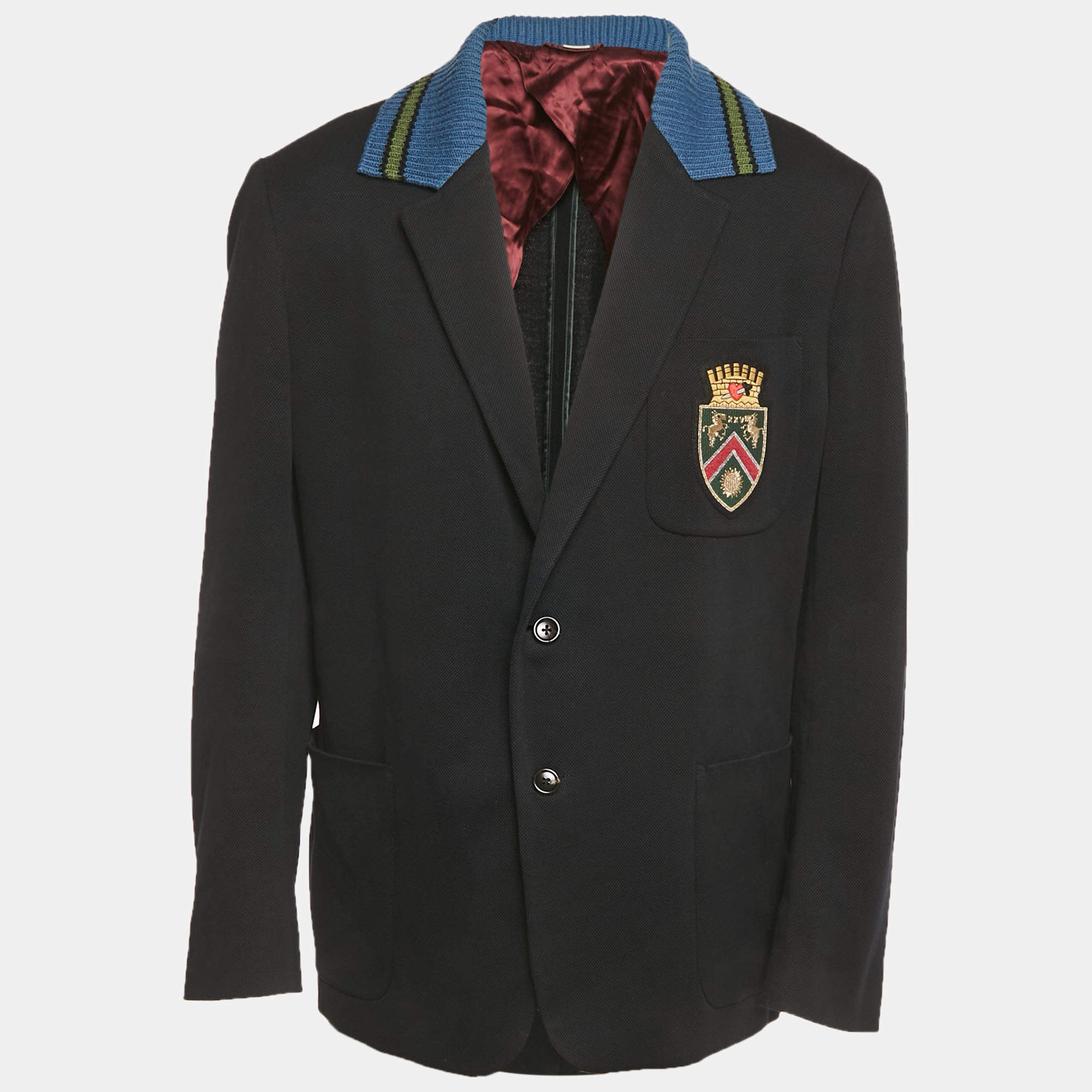 Pre Owned Gucci Blue Rib Collar Cotton Switch Emblem Blazer XXXL