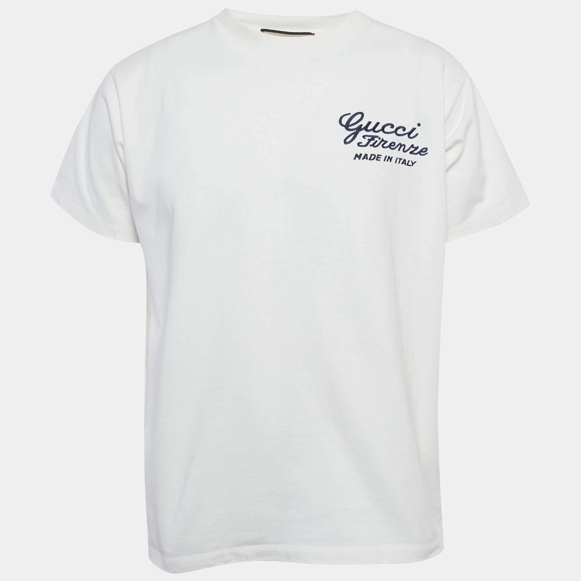 Pre Owned Gucci White Firenze Embroidered Cotton T-Shirt XS