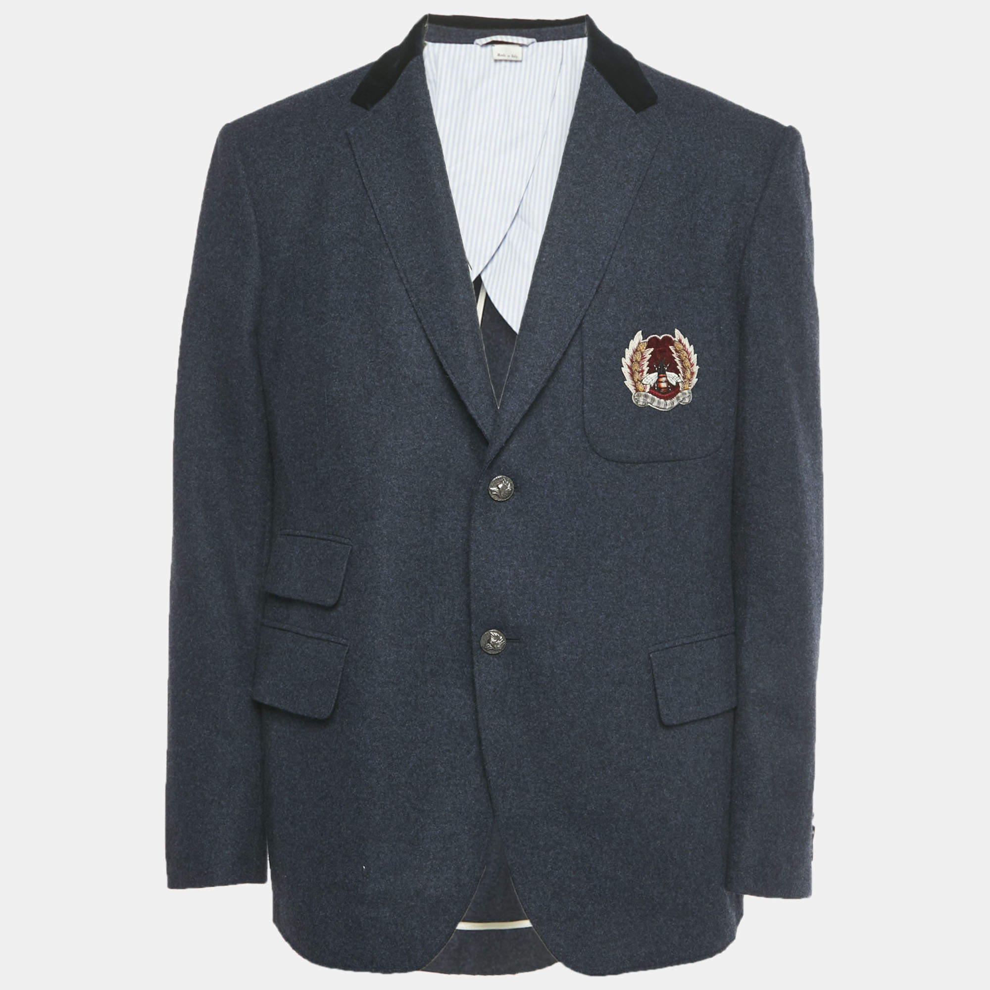 Pre Owned Gucci Blue Bee Applique Wool Regular Fit Blazer XXXL