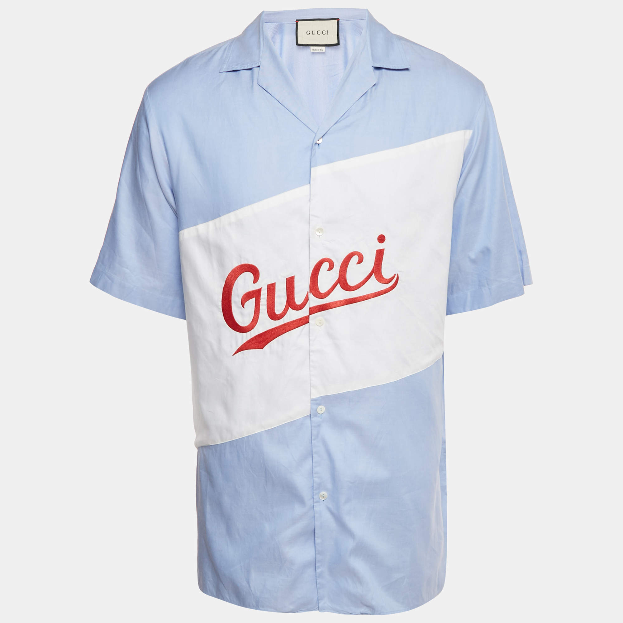 Pre Owned Gucci Light Blue Logo Embroidered Cotton Oversized Script Bowling Shirt M