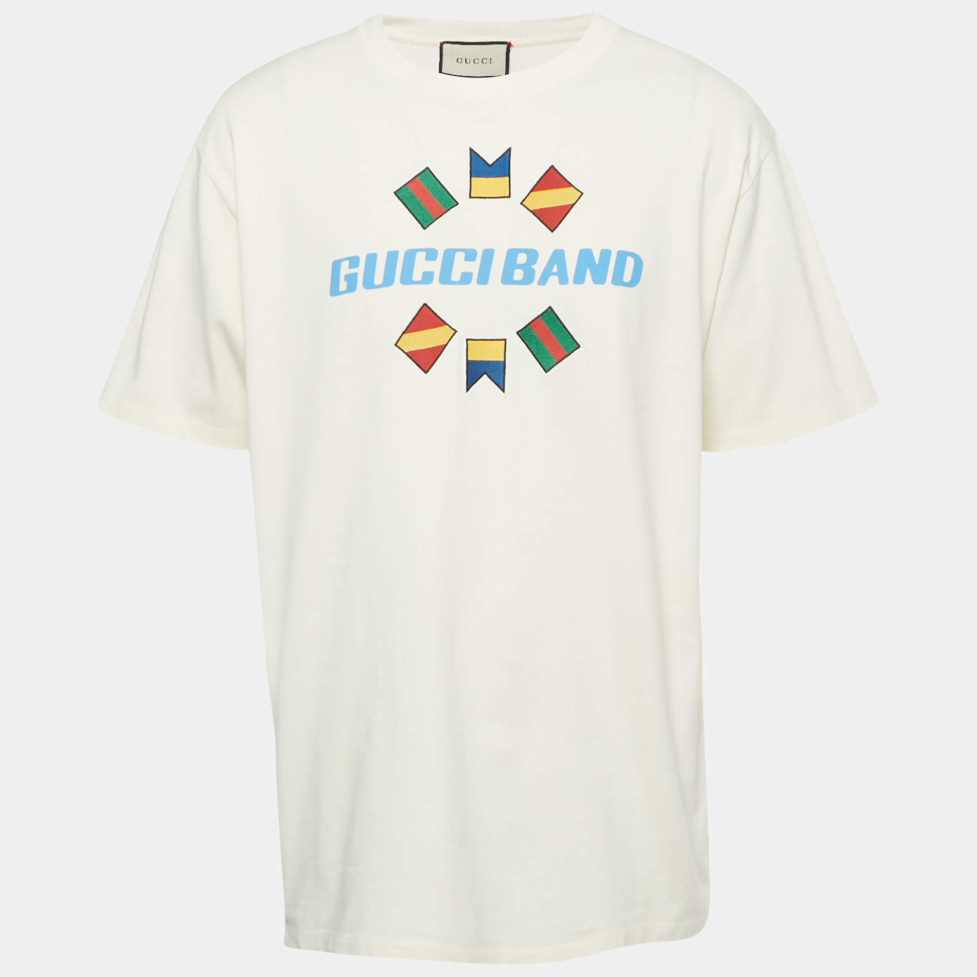 Pre Owned Gucci Cream Logo Band Print Cotton T-Shirt XL