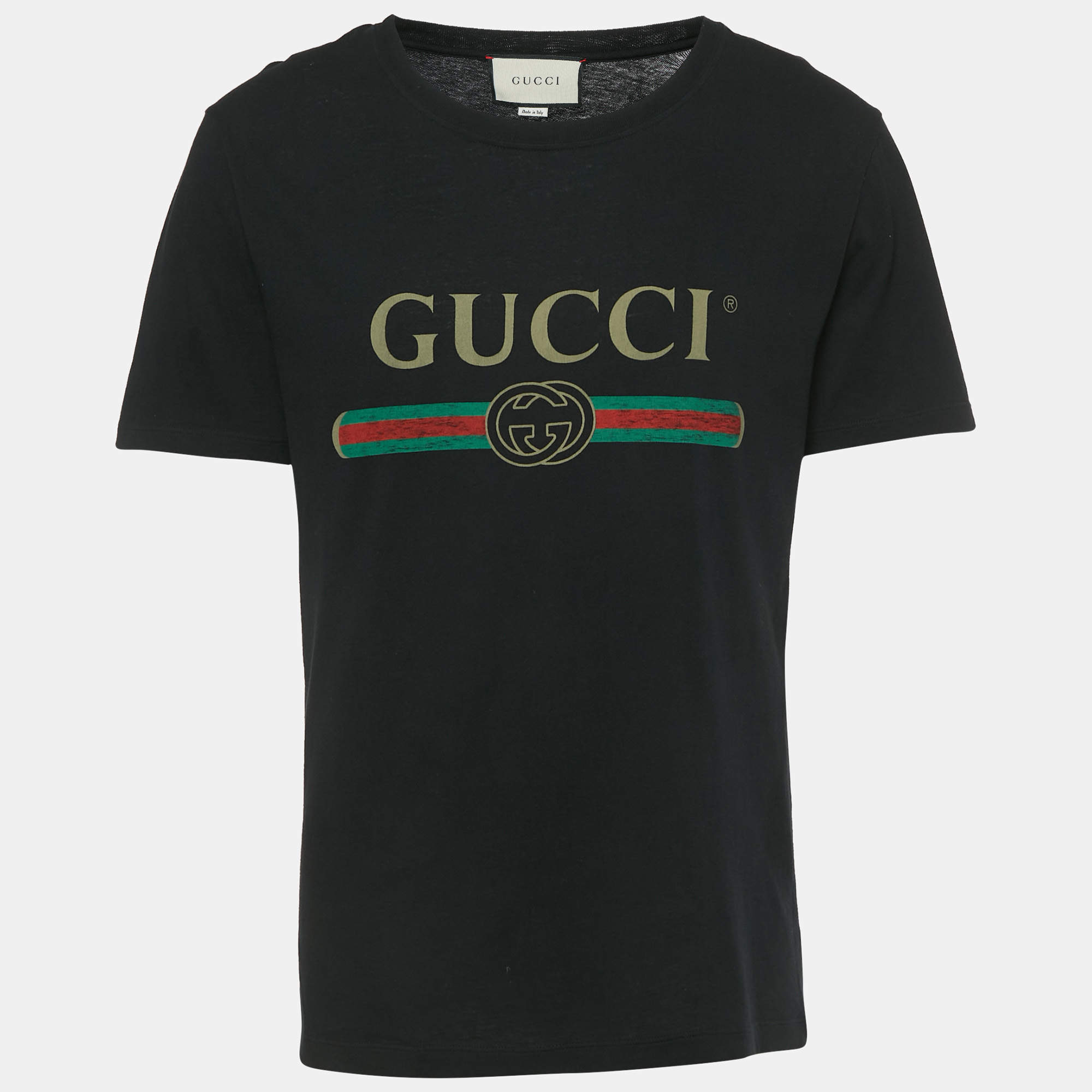 Pre Owned Gucci Black Logo Print Cotton T-Shirt S 