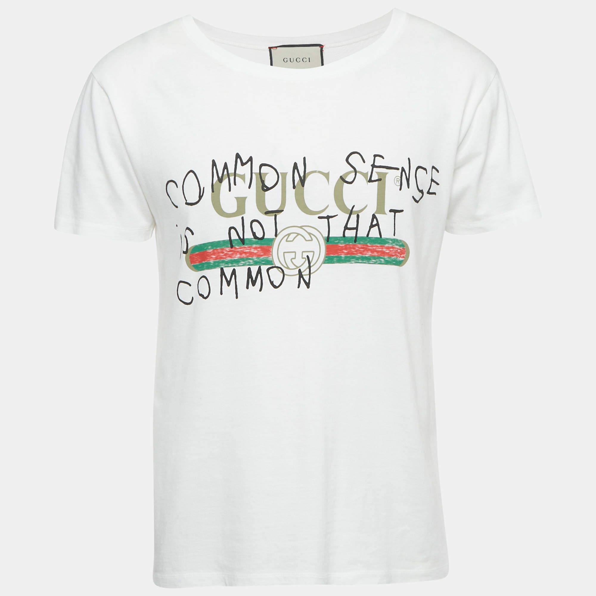 Pre Owned Gucci White Printed Cotton Distressed T-Shirt S 