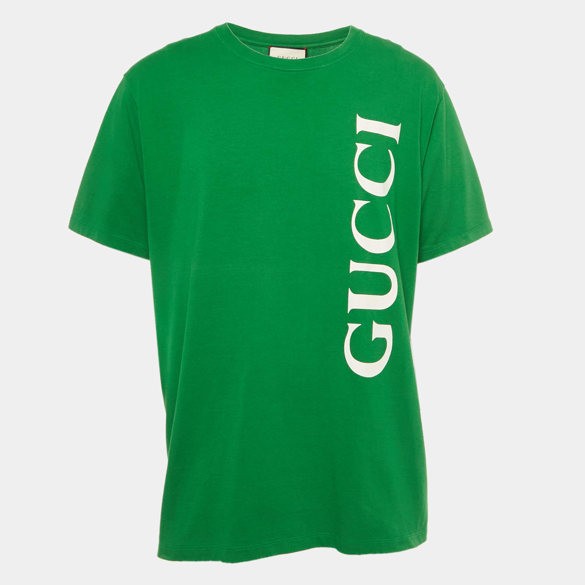 Pre Owned Gucci Green Logo Print Jersey Crew Neck T-Shirt XL