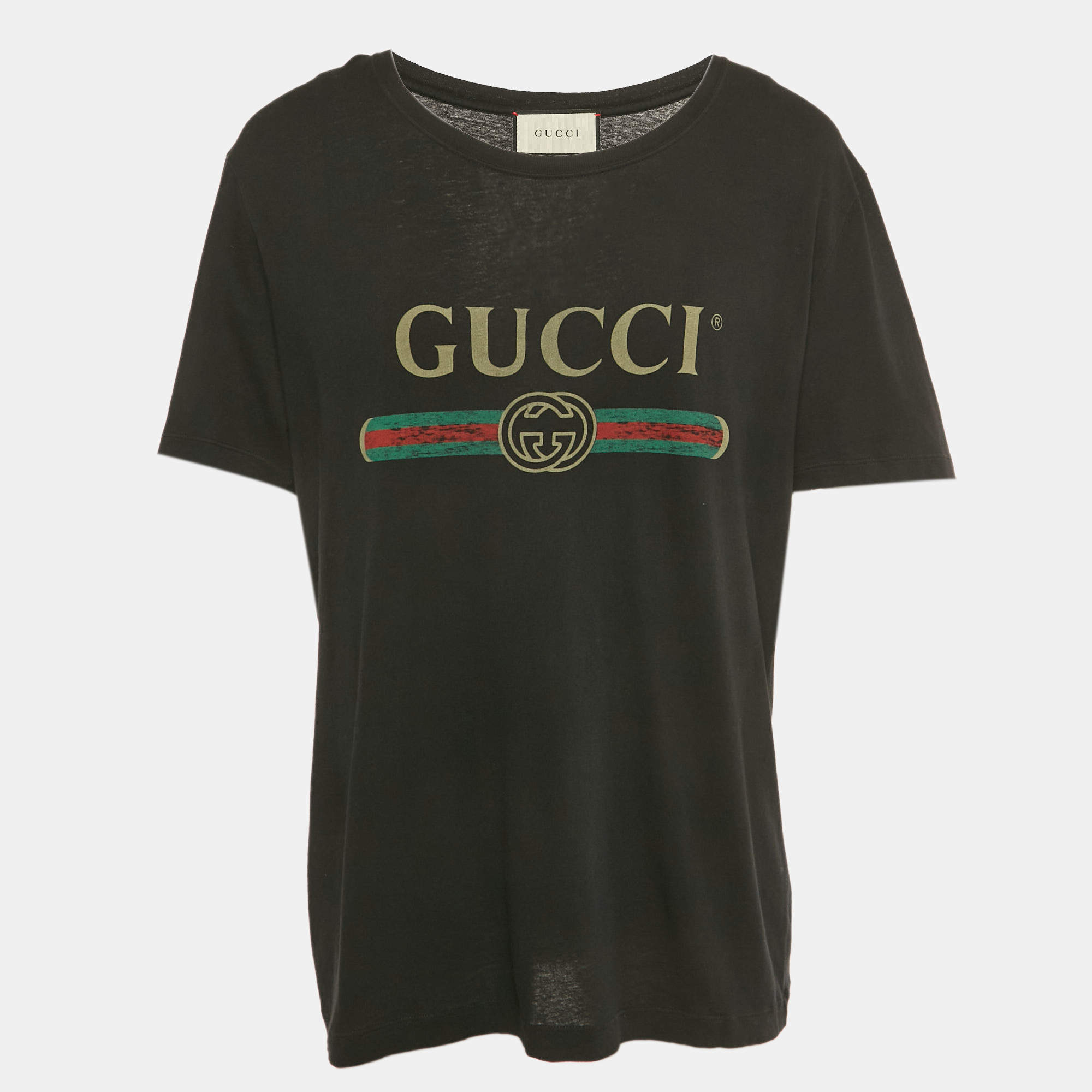 Pre Owned Gucci Black Vintage Print Cotton T-Shirt L
