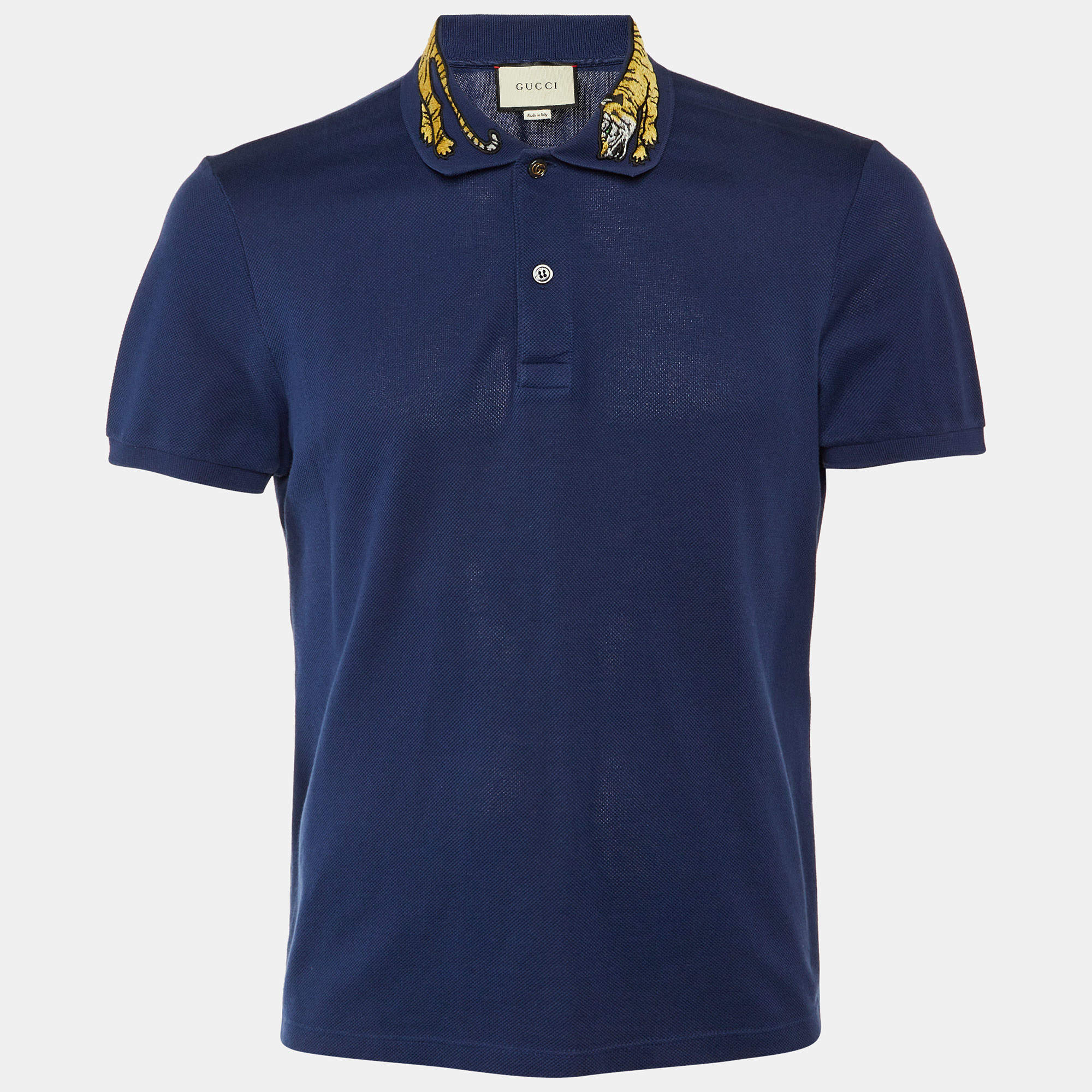 مملوكة مسبقًا Gucci Navy Blue Cotton Tiger Embroidered Collar Polo T-Shirt M