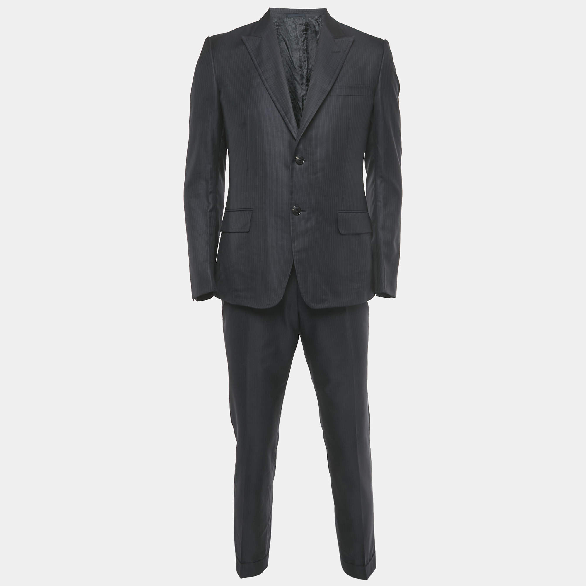 Pre Owned Gucci Navy Blue Striped Wool Blend Blazer & Pants Set L