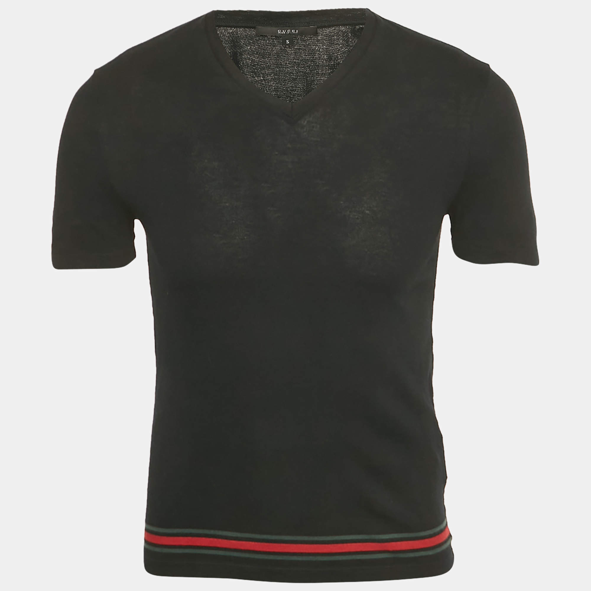 مملوكة مسبقًا Gucci Black Cotton Web Stripe Detail T-Shirt S