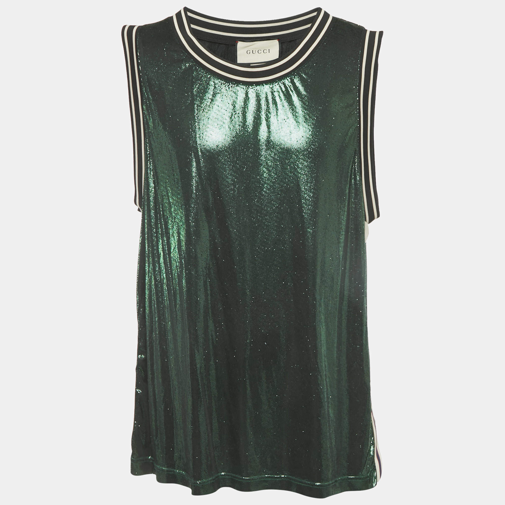 مملوكة مسبقًا Gucci Green Metallic Glossy Jersey Sleeveless T-Shirt XXL