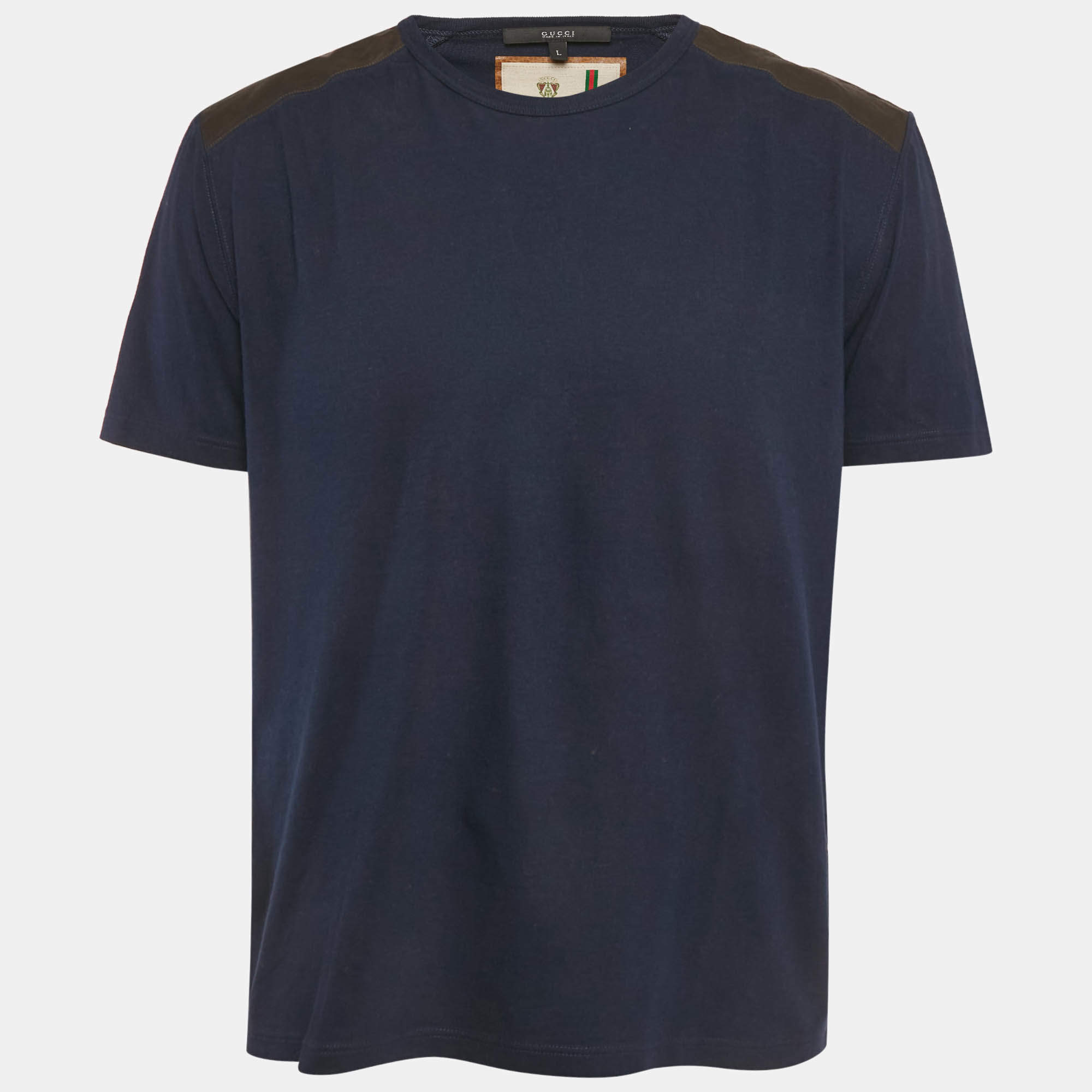 Pre Owned Gucci Blue Leather Shoulder Trim Jersey T-Shirt L