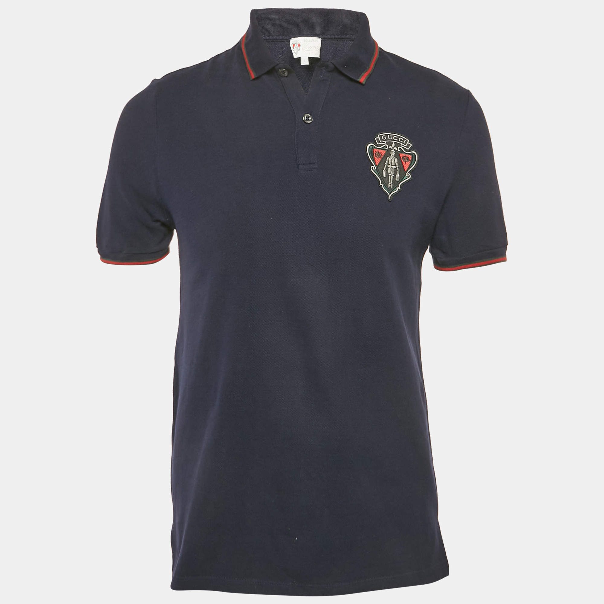 Pre Owned Gucci Equestrian Blue Cotton Patch Detail Polo T-Shirt L