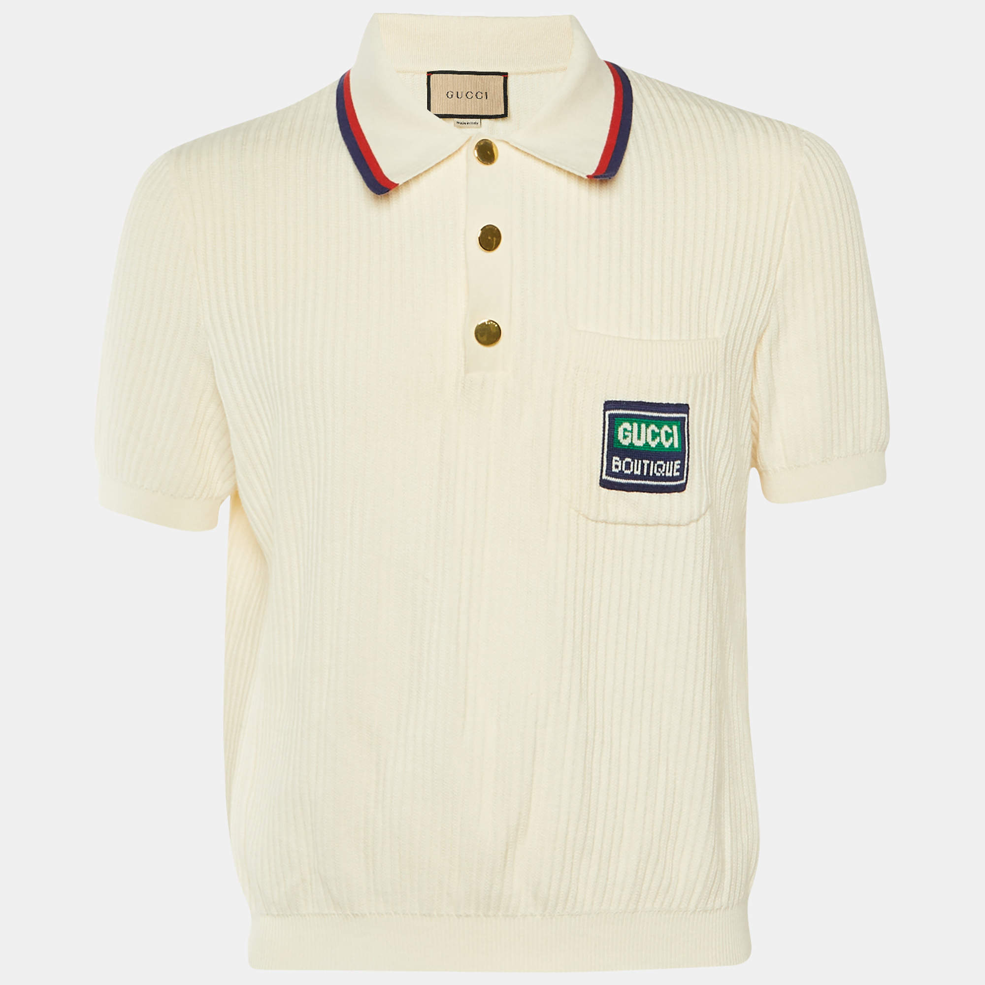 مملوكة مسبقًا Gucci Cream Cotton Knit Web Striped Polo T-Shirt M