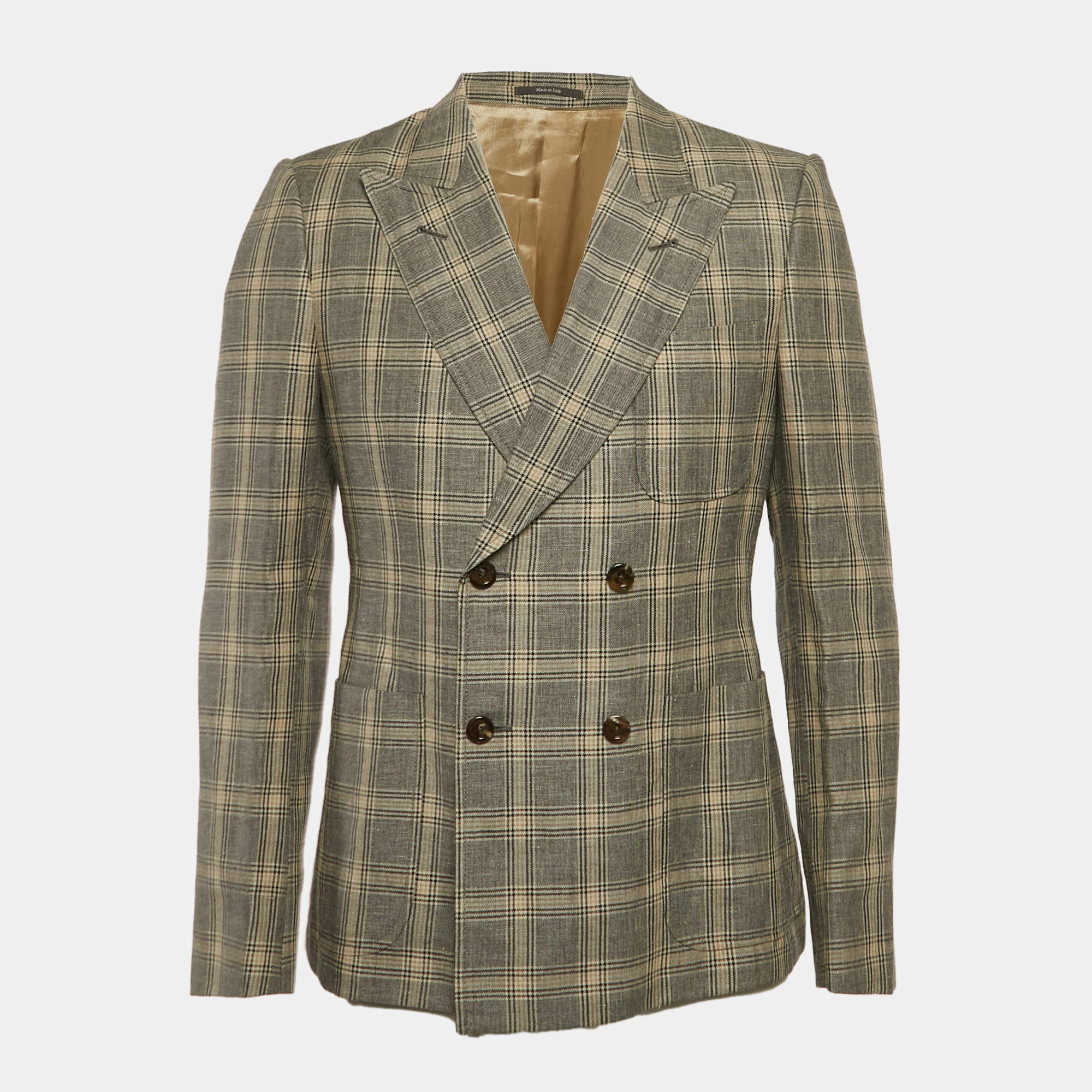 مملوكة مسبقًا Gucci Grey/Beige Check Pattern Wool Blend Double Breasted Jacket M