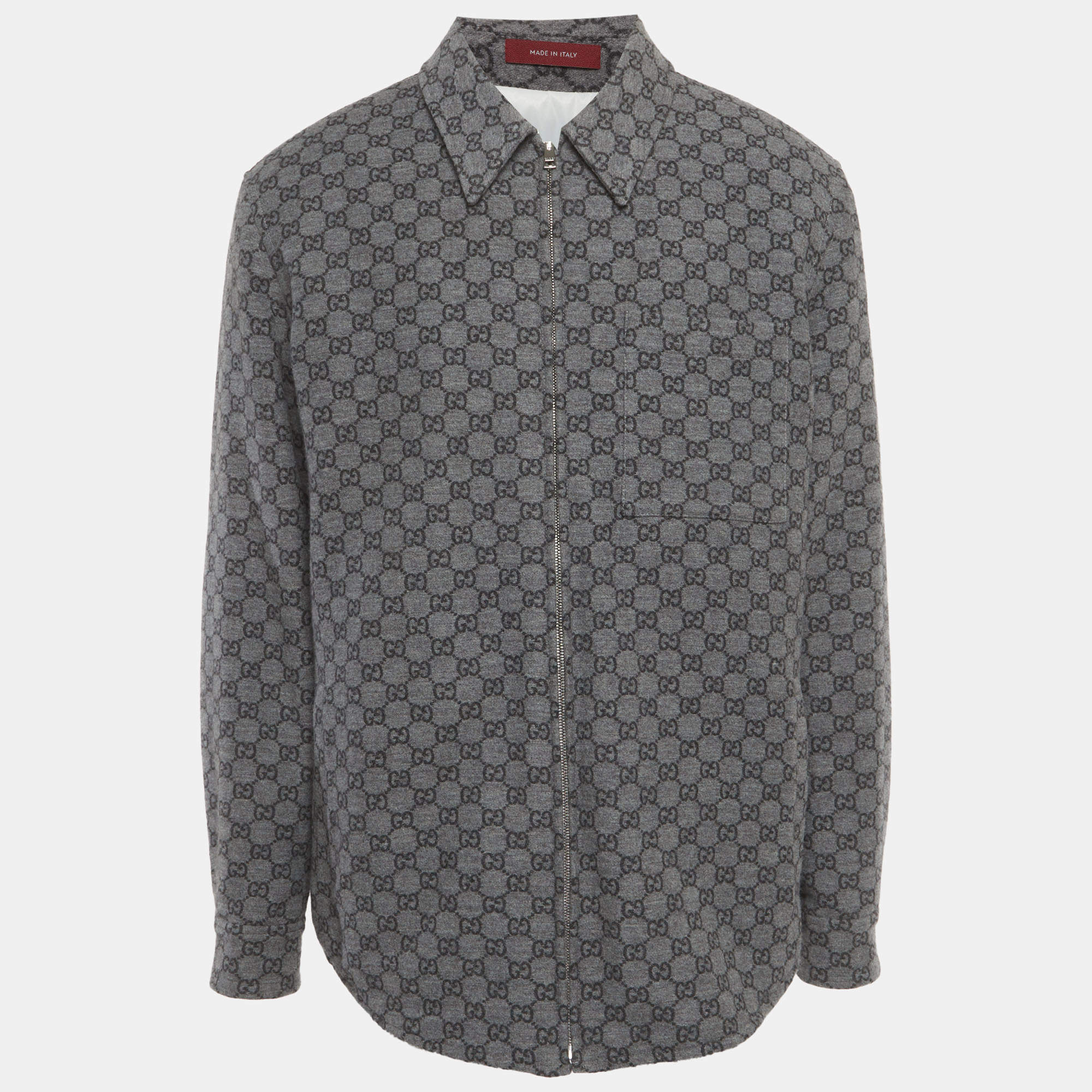 مملوكة مسبقًا Gucci Grey GG Monogram Brushed Flannel Zip Overshirt XL