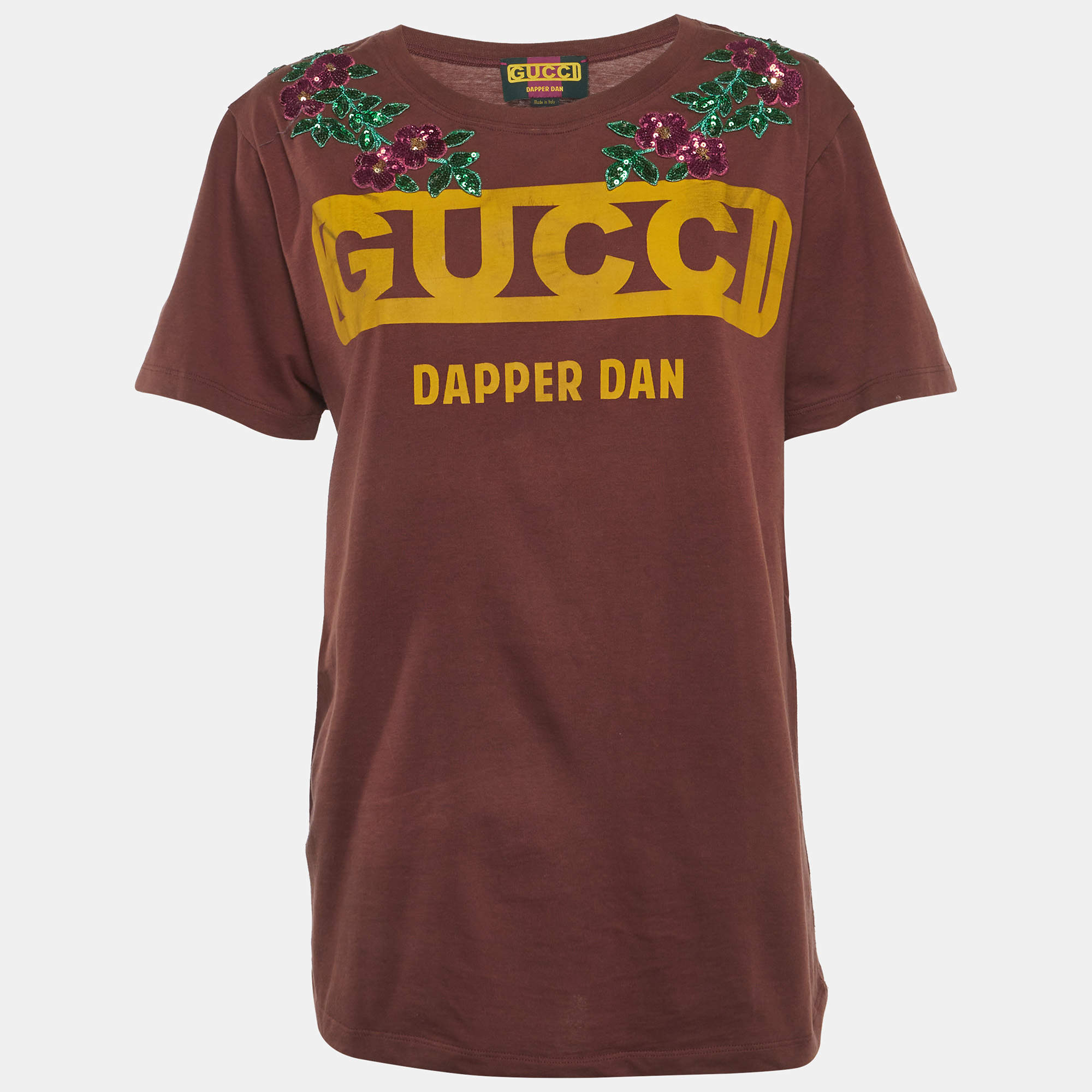 Pre Owned Gucci Dapper Dan Brown Logo Print Jersey Sequin T-Shirt XS