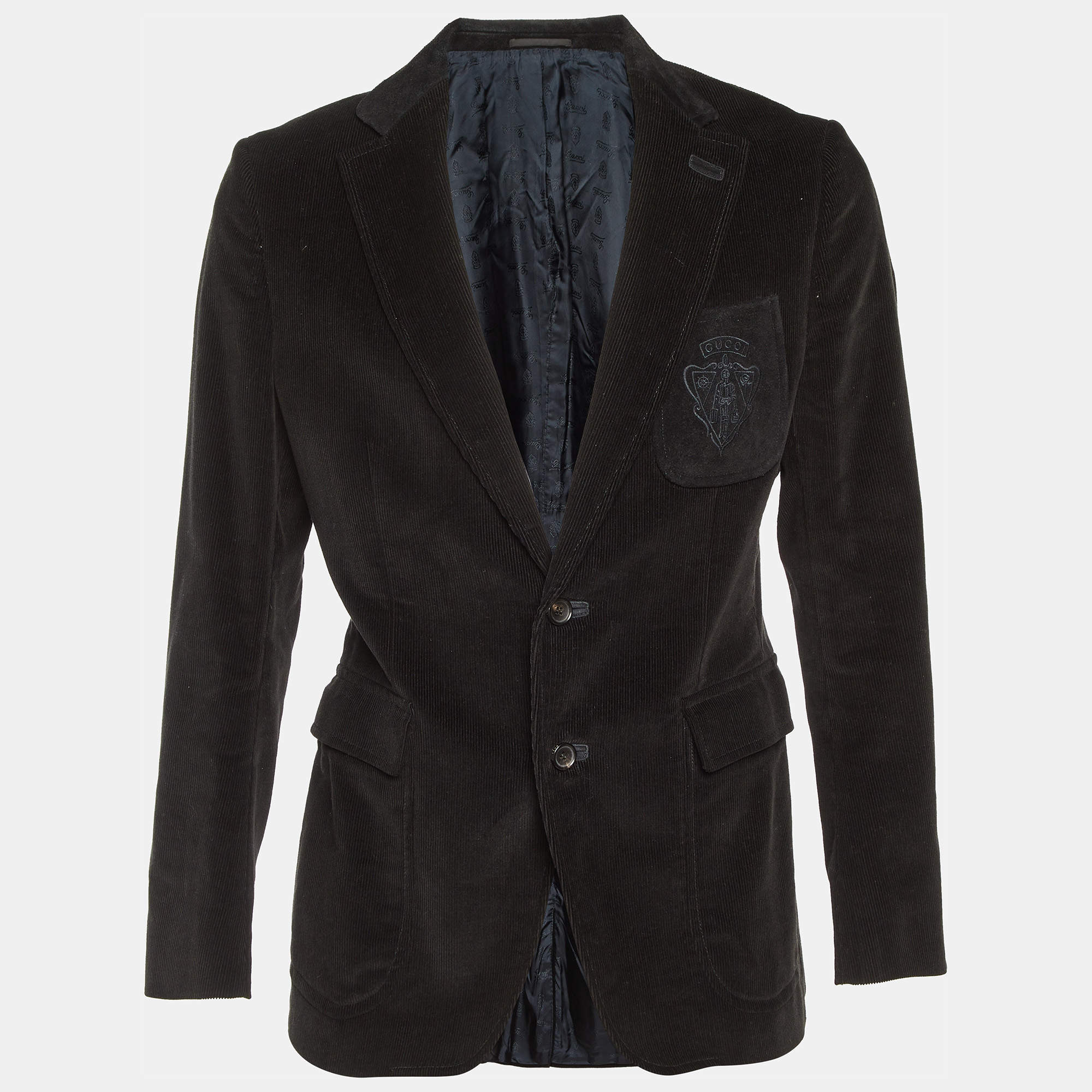مملوكة مسبقًا Gucci Black Corduroy Logo Pocket One Buttoned Blazer L