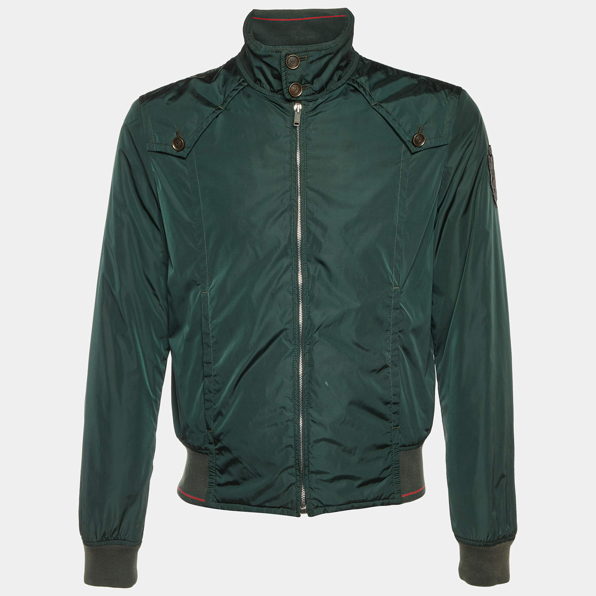 مملوكة مسبقًا Gucci Green Nylon Zip Up Bomber Jacket M 