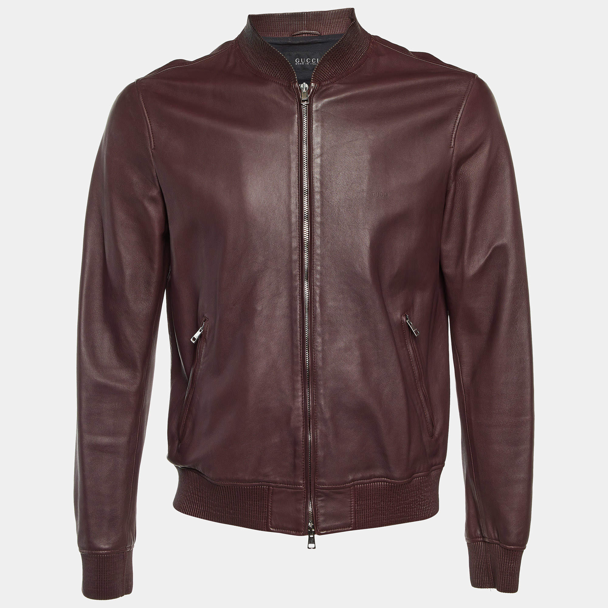 Pre Owned Gucci Burgundy Leather Zip Up Bomber Jacket M