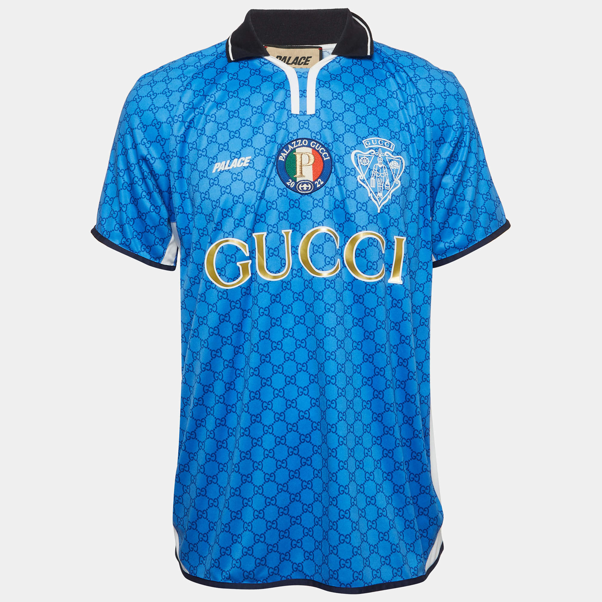 Pre Owned Gucci X Palace Blue All Over GG Logo Print Jersey Polo T-Shirt L