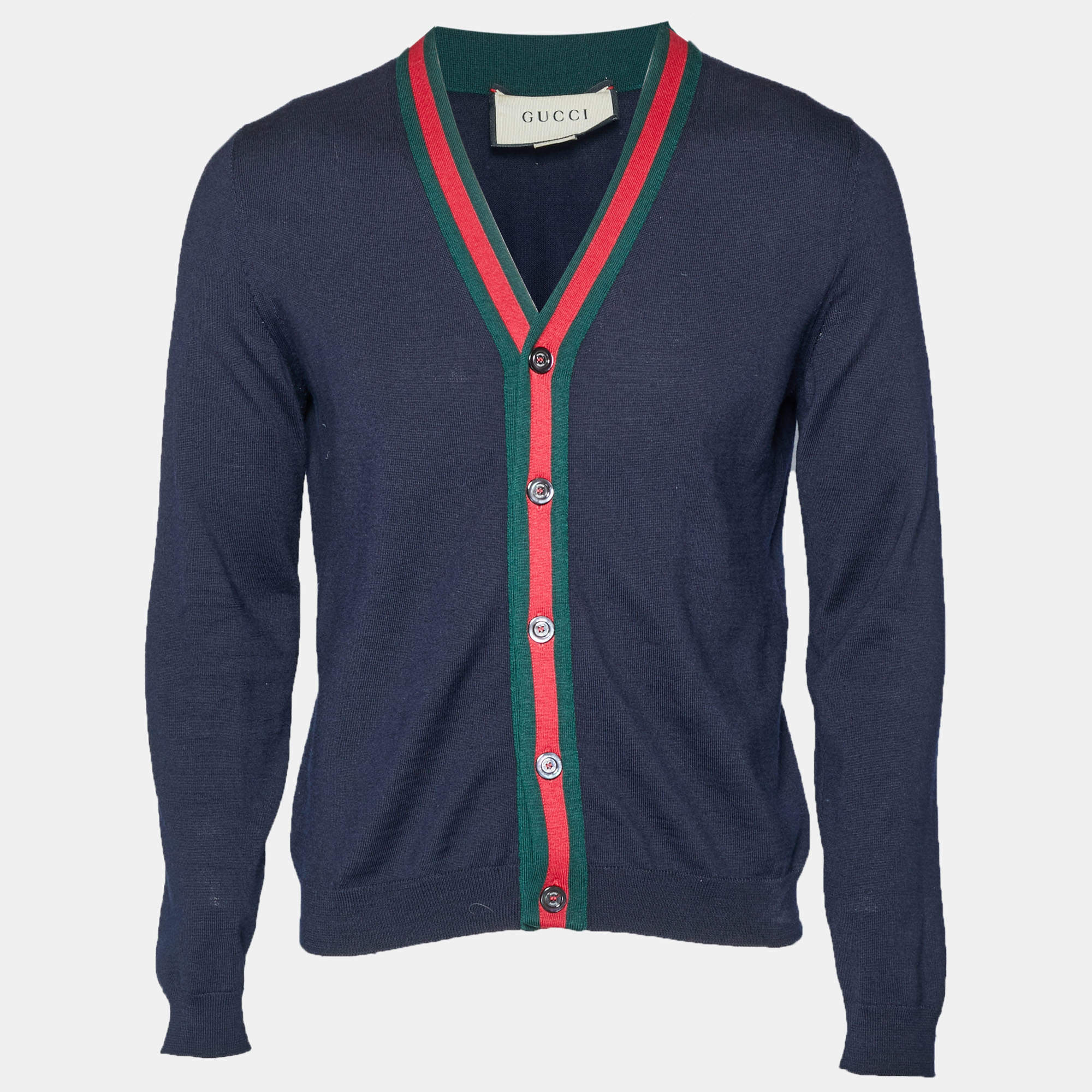 مملوكة مسبقًا Gucci Navy Blue Web Trim Wool Knit Cardigan S