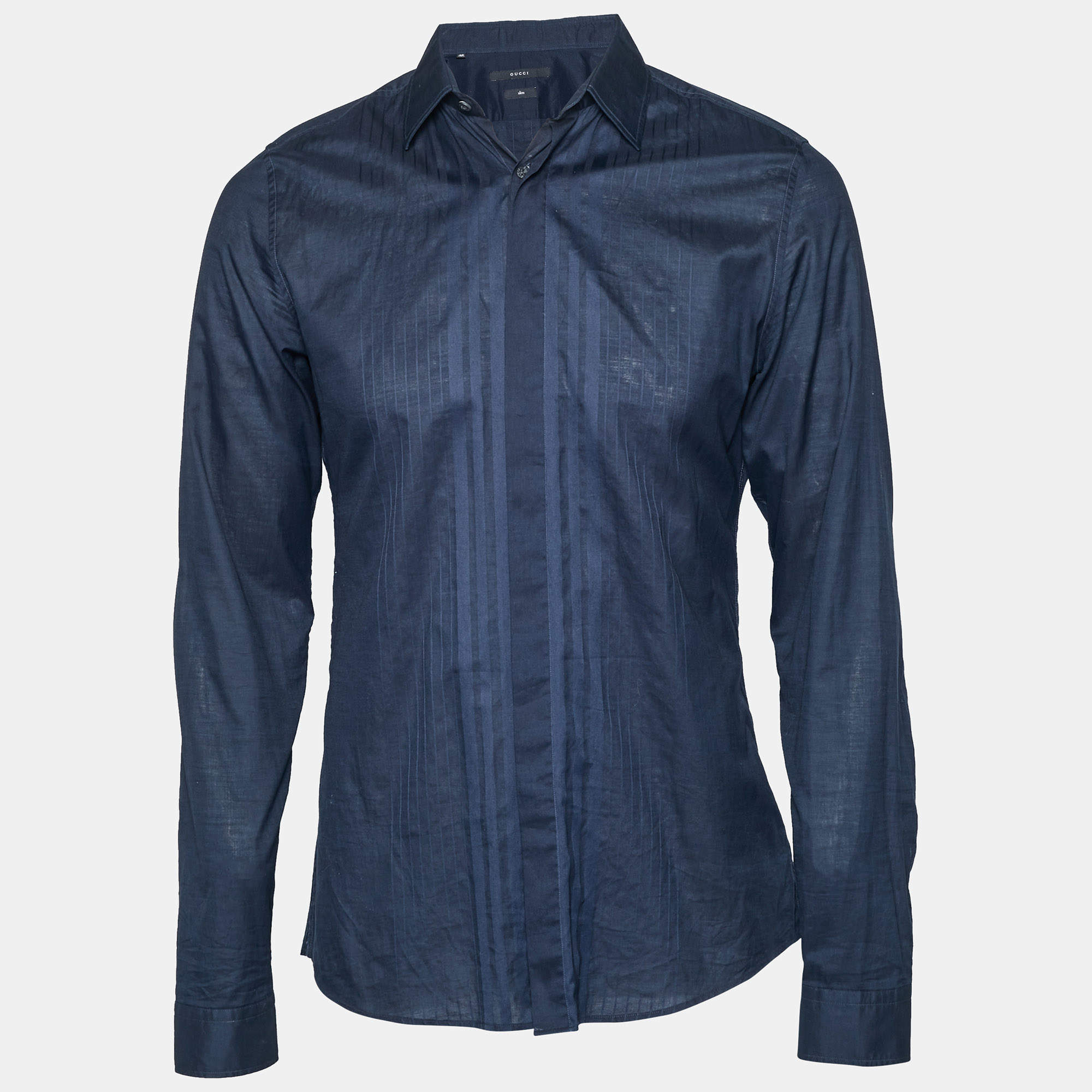 مملوكة مسبقًا Gucci Navy Blue Striped Cotton Long Sleeve Shirt M