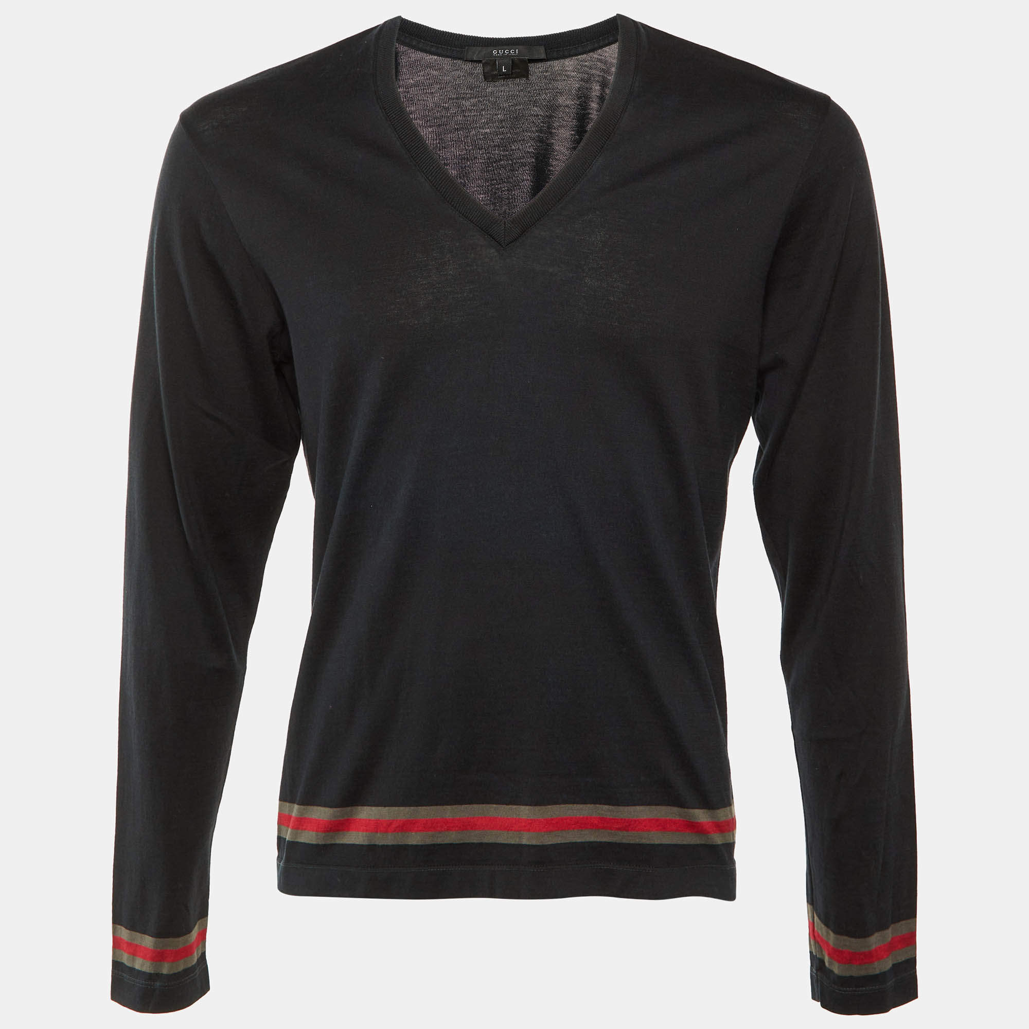 Pre Owned تي شيرت غوتشي قطن أسود بخطوط ويب ياقة على شكل V أكمام طويلة مقاس كبير (لارج)