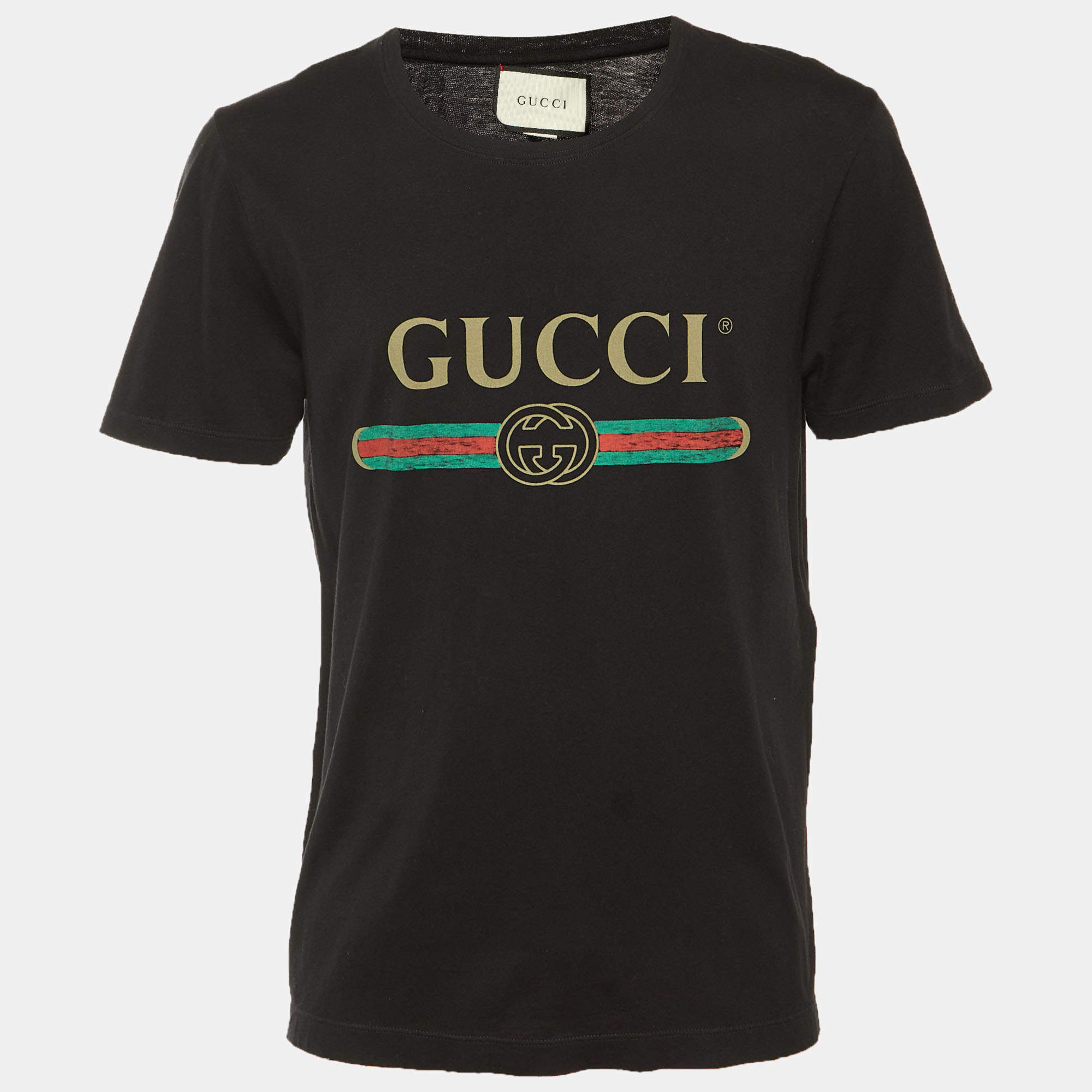 Pre Owned Gucci Black Logo Printed Cotton Knit T-Shirt M