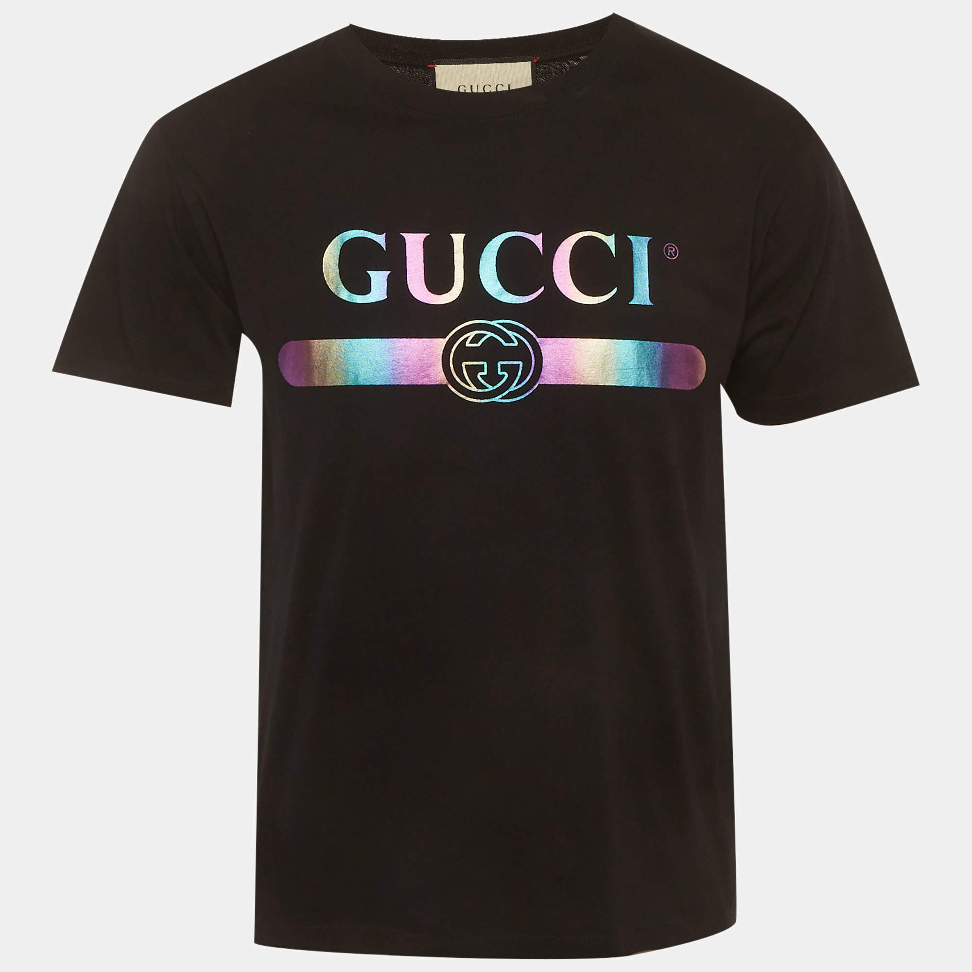 Pre Owned Gucci Black Logo Print Cotton Crewneck T-Shirt XXS