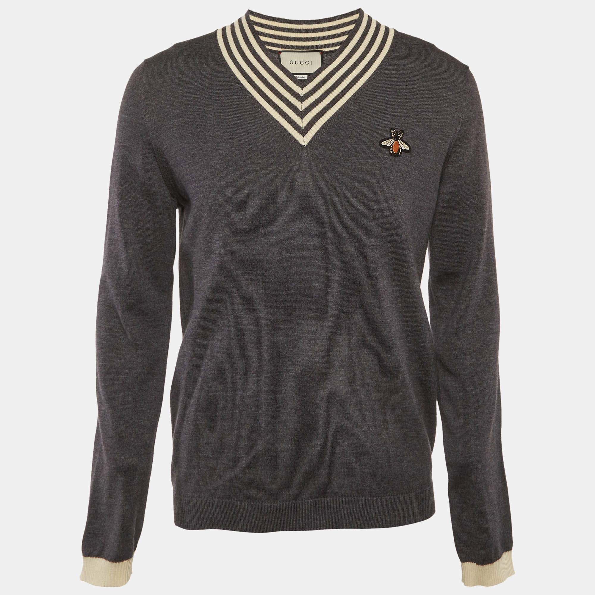 Pre Owned Gucci Grey Wool Knit Bee Applique V-Neck Sweater L