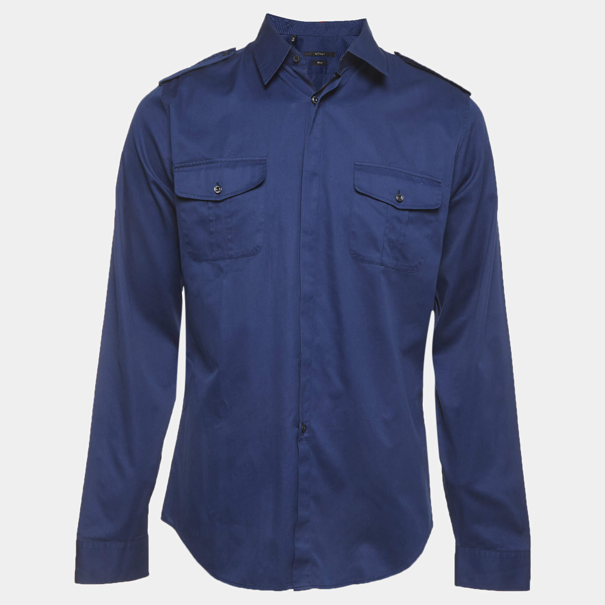 Pre Owned Gucci Blue Cotton Long Sleeves Officer Shirt L