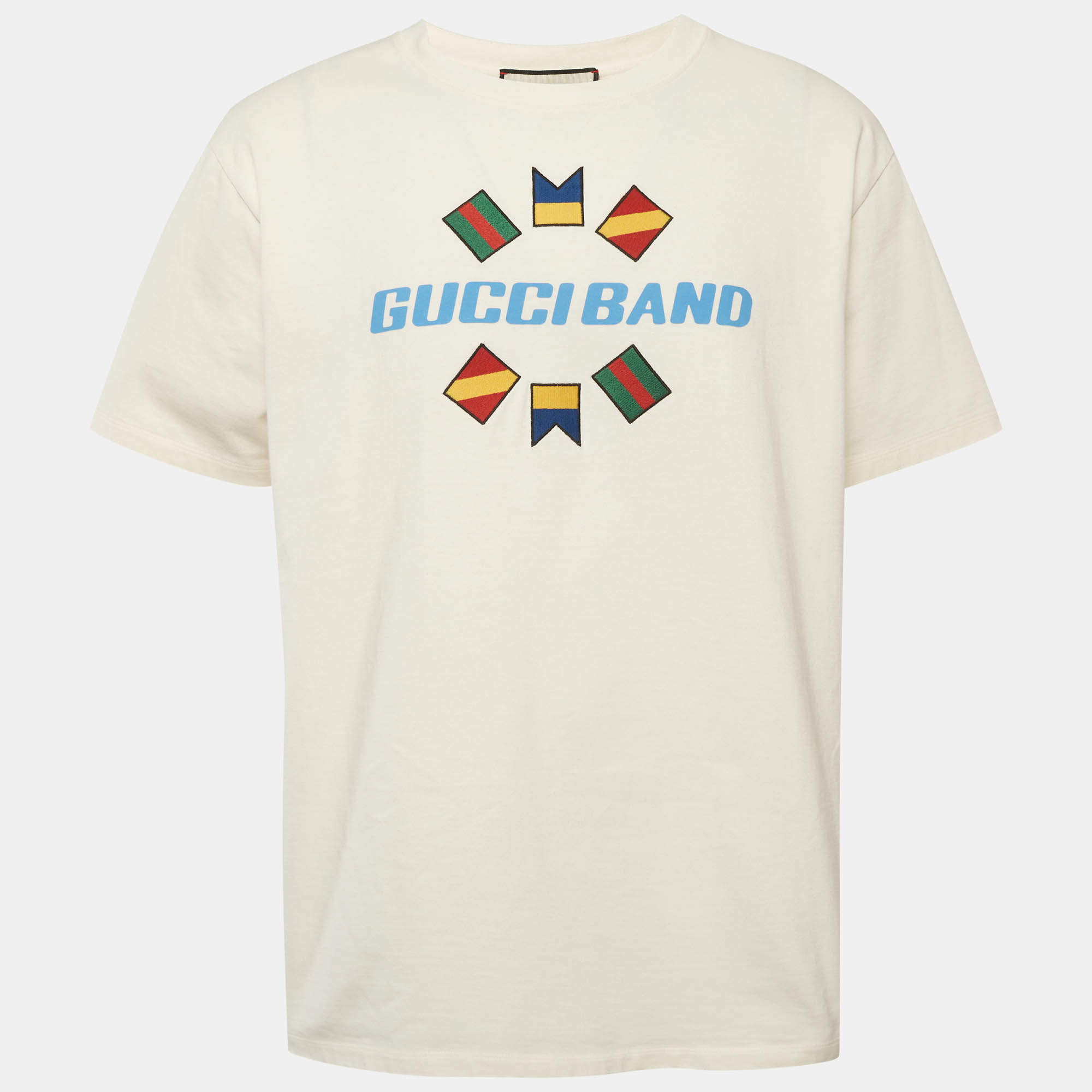 Pre Owned Gucci Cream Logo Band Print Cotton T-Shirt XL