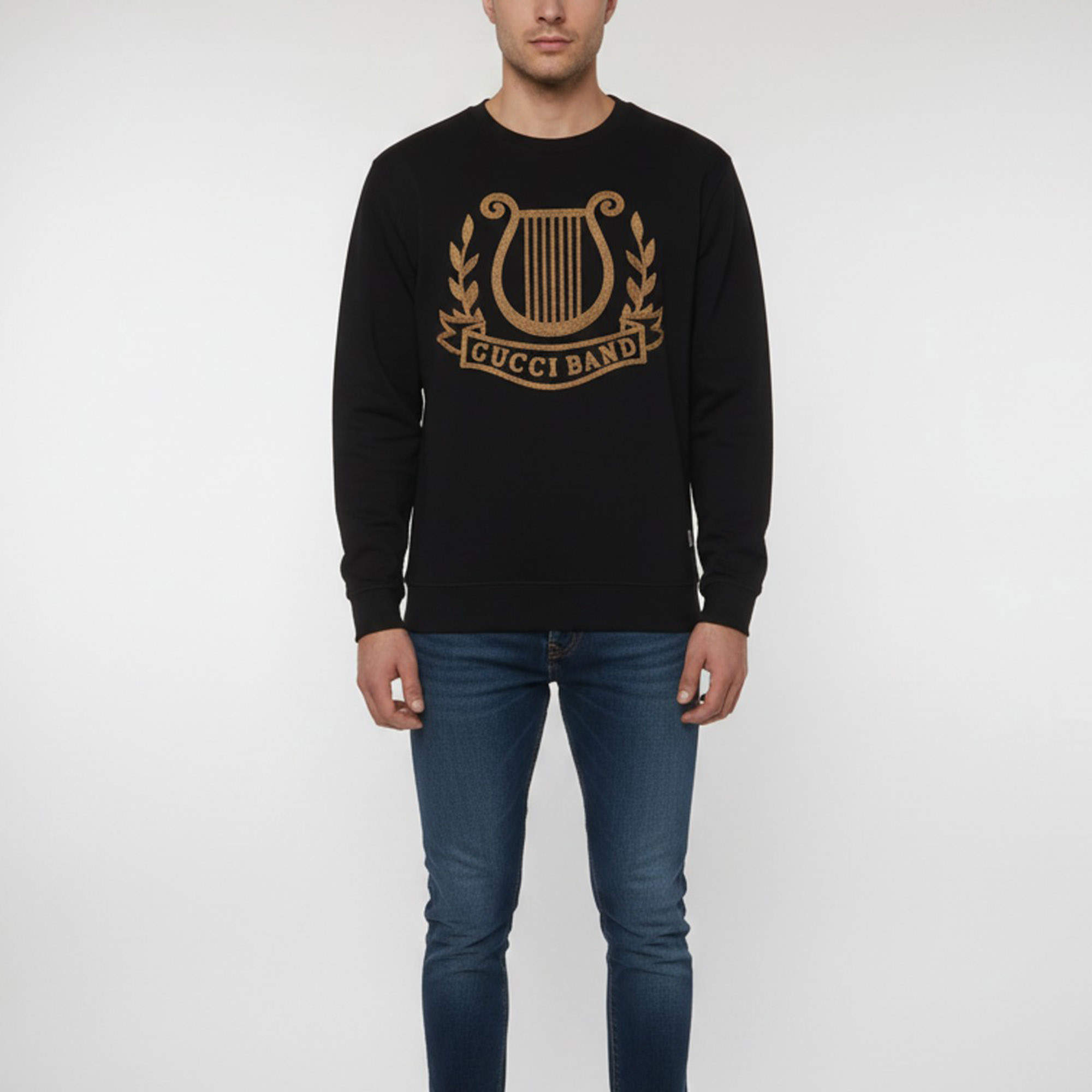 Pre Owned Gucci Black/Gold Lyre Embroidered Jersey Sweatshirt S