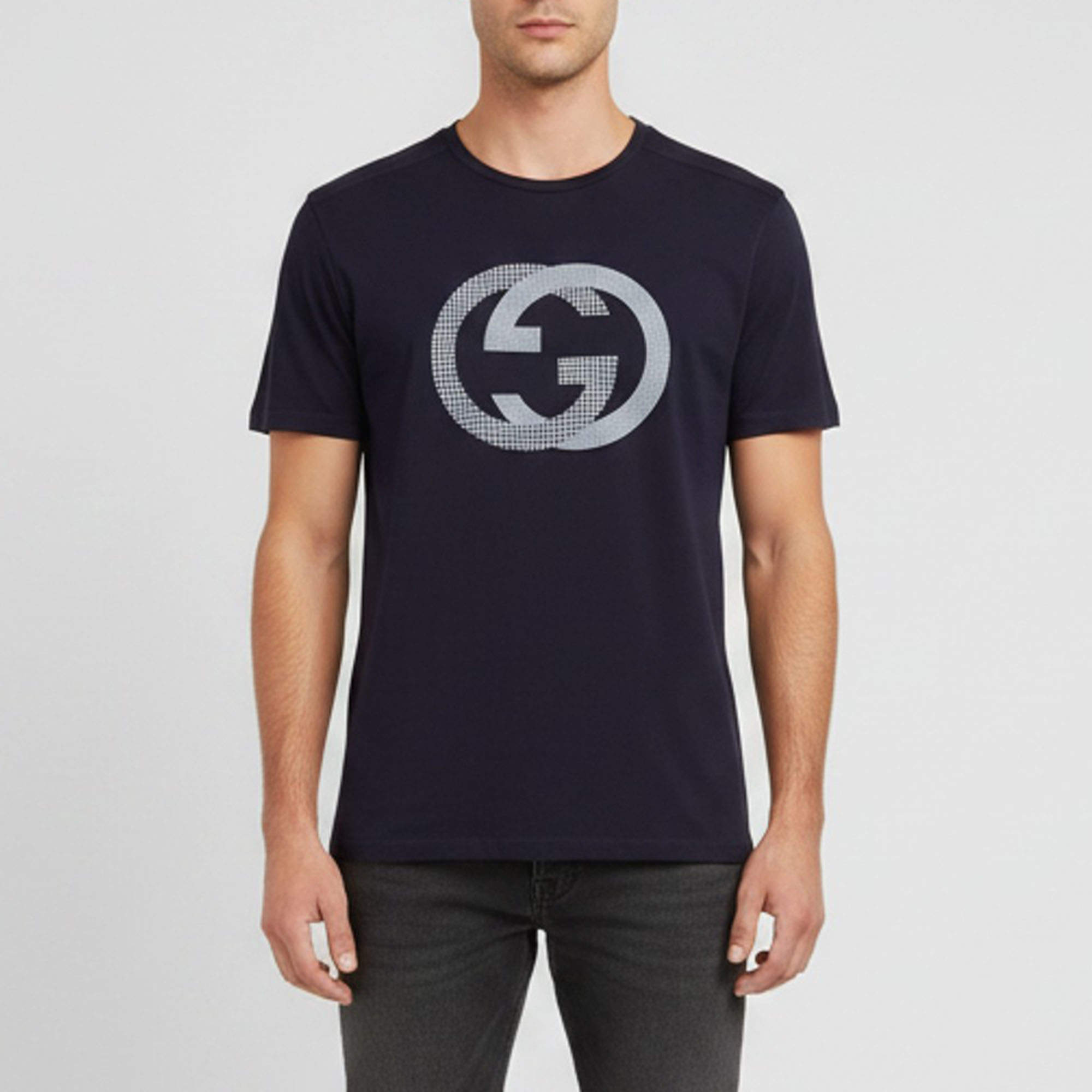 Pre Owned Gucci Navy Blue Logo Printed Jersey Crewneck T-Shirt L