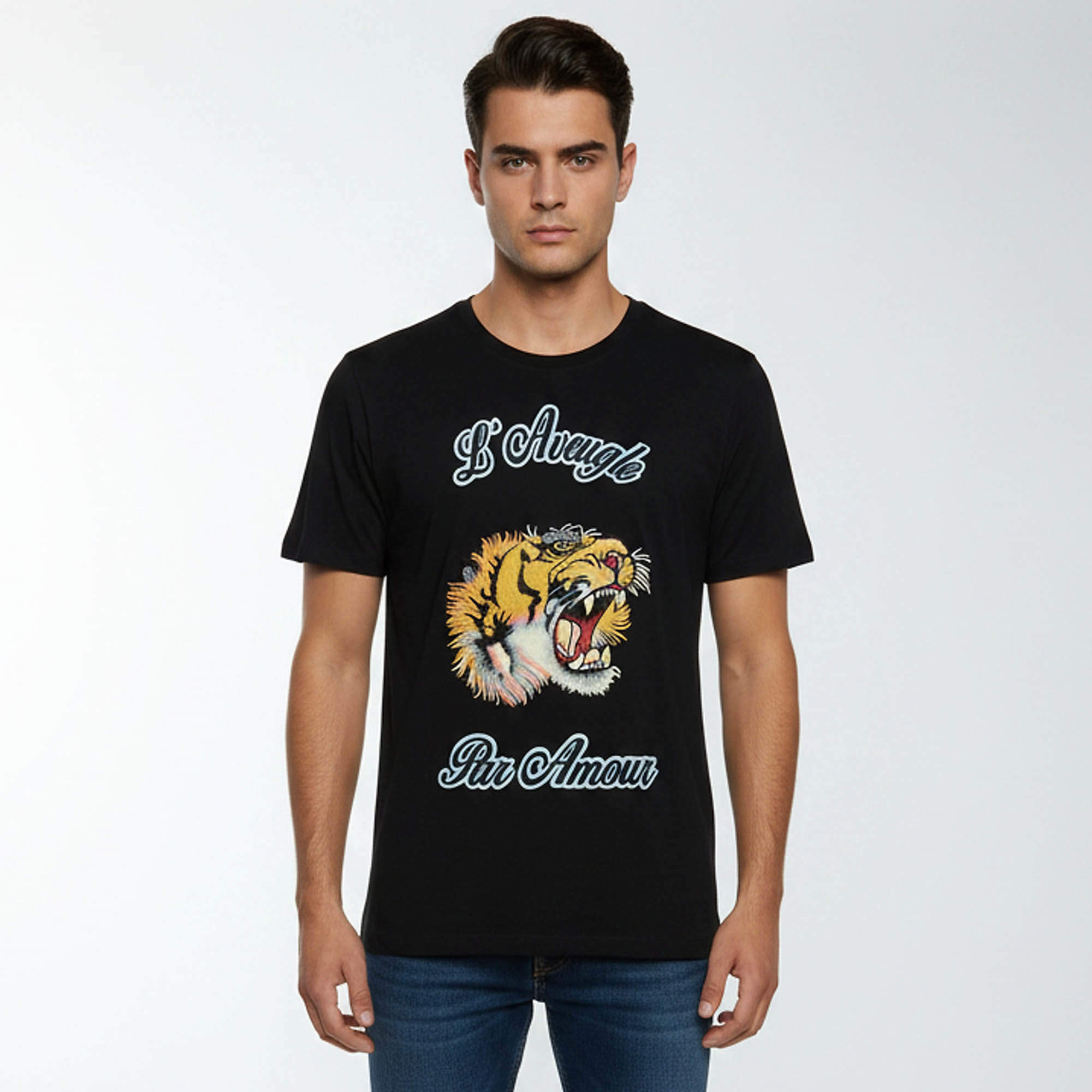 Pre Owned Gucci Black Tiger L‘Aveugle Par Amour Jersey Crew Neck T-Shirt L