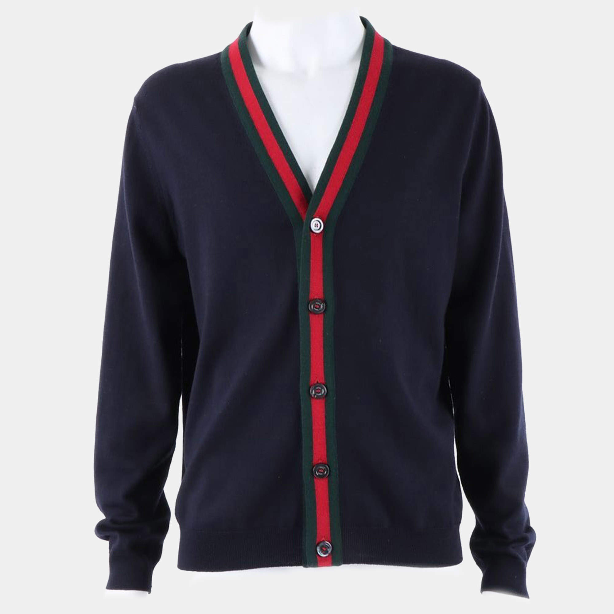 Pre Owned Gucci Navy Blue/Red Wool Cardigan Size L
