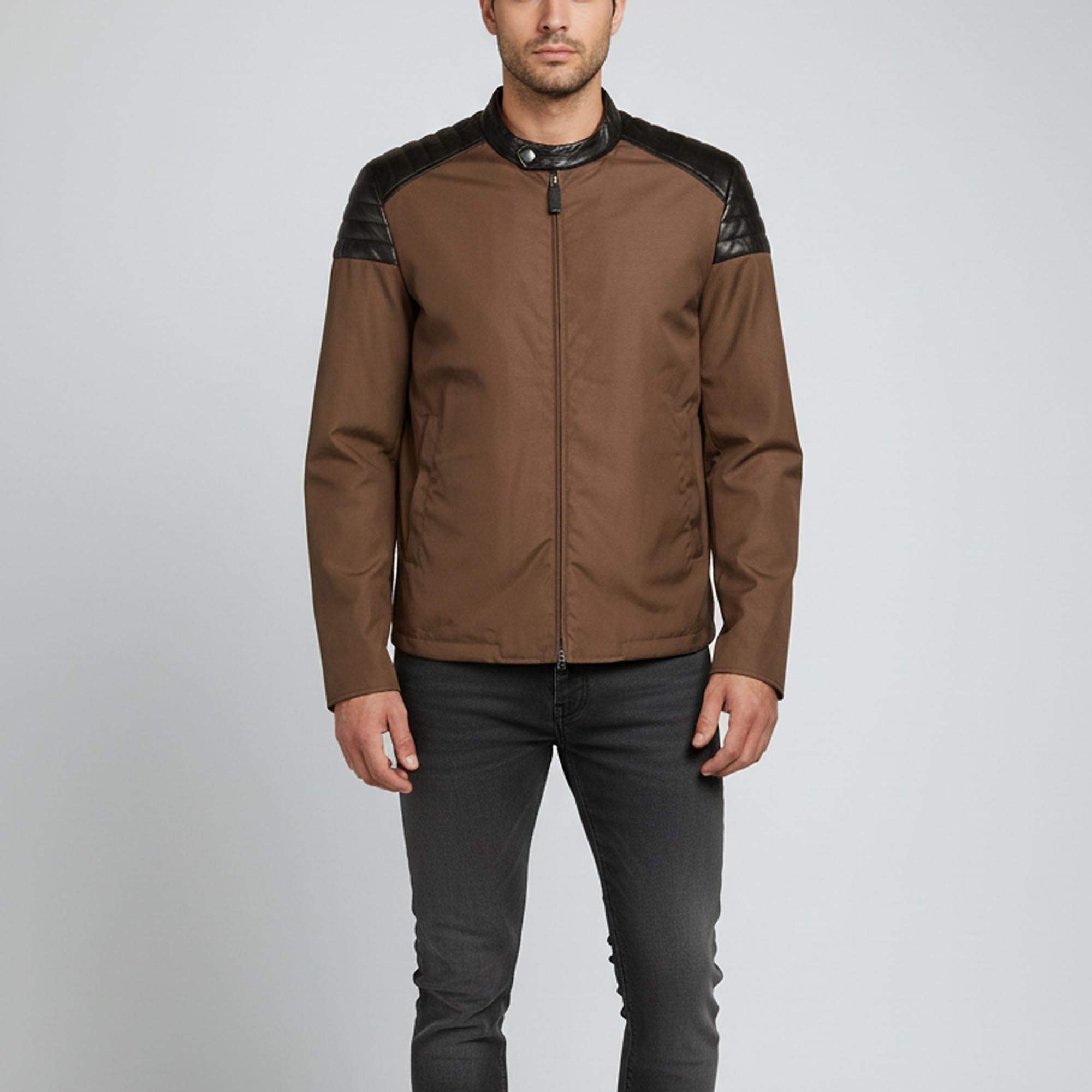 Pre Owned Gucci Brown Leather Trim Zip Up Windbreaker Jacker XXL