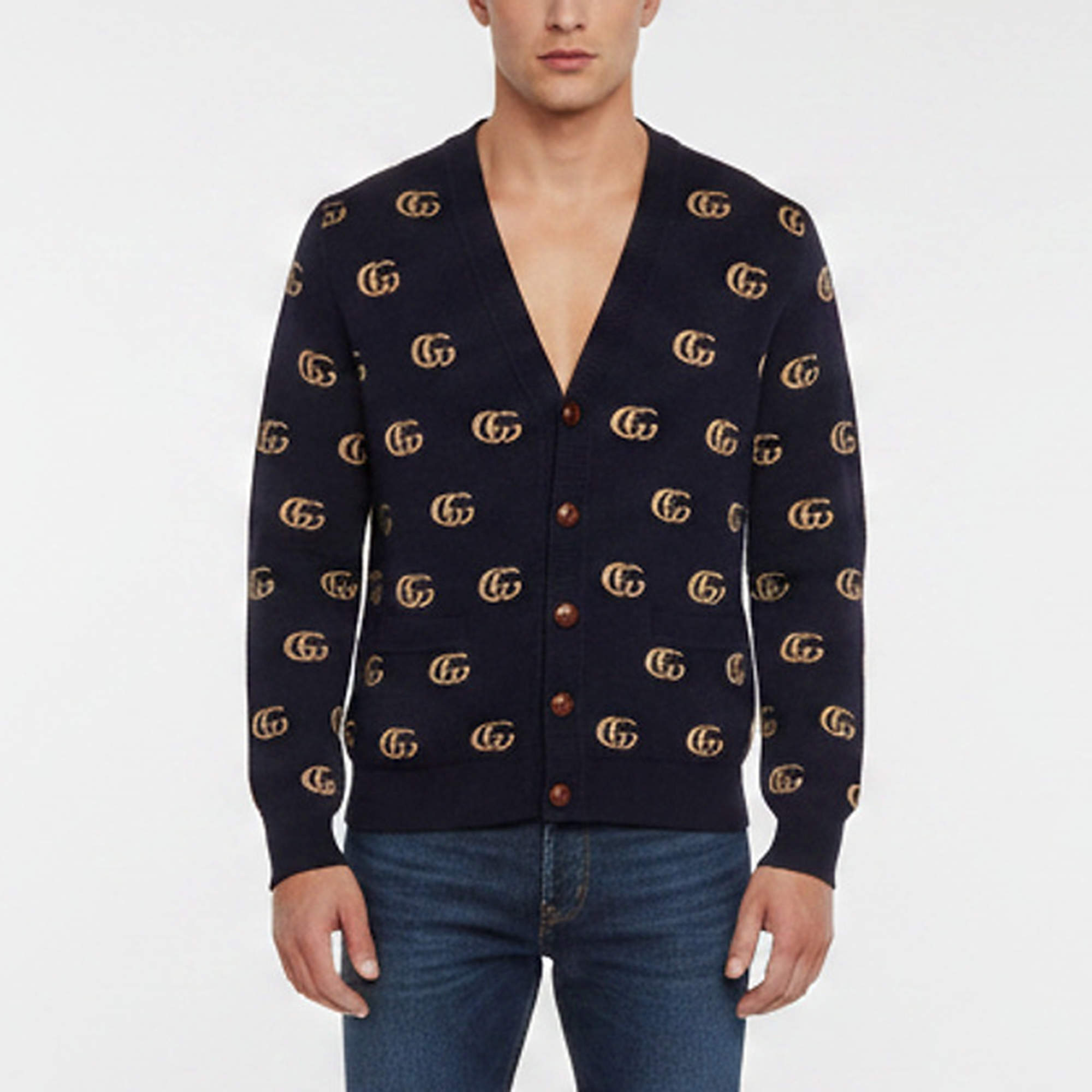 Pre Owned Gucci Navy Blue Monogram Long Sleeve Button Front Cardigan S