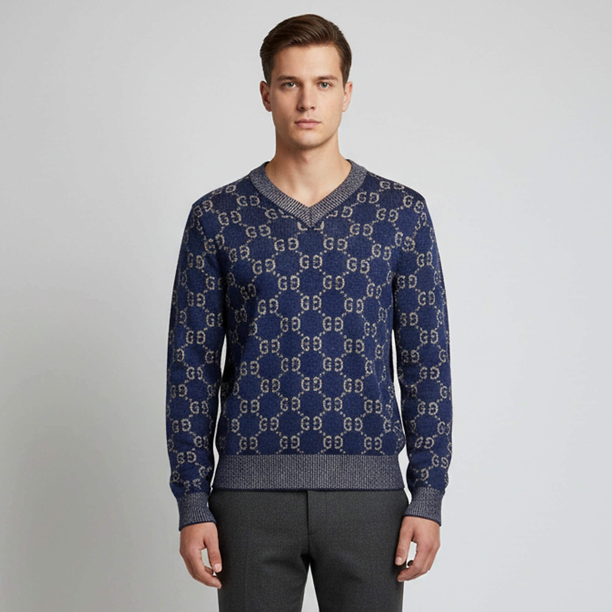 Pre Owned Gucci Navy Blue GG Logo Jacquard Knit V-Neck Sweater L
