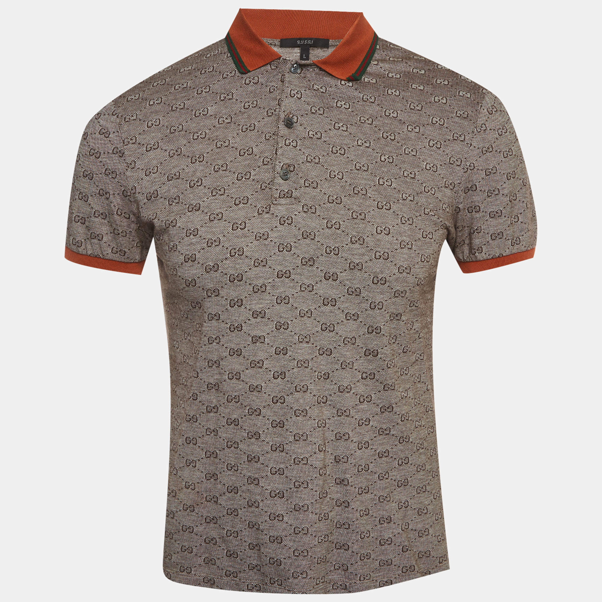 Pre Owned Gucci Brown Monogram Print Cotton Pique Skinny Fit Polo Shirt L
