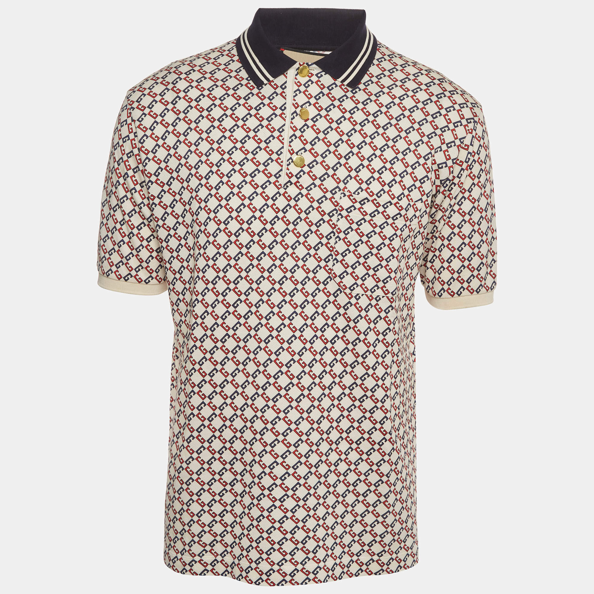 Pre Owned Gucci Cream Geometric G Cotton Polo T-Shirt S