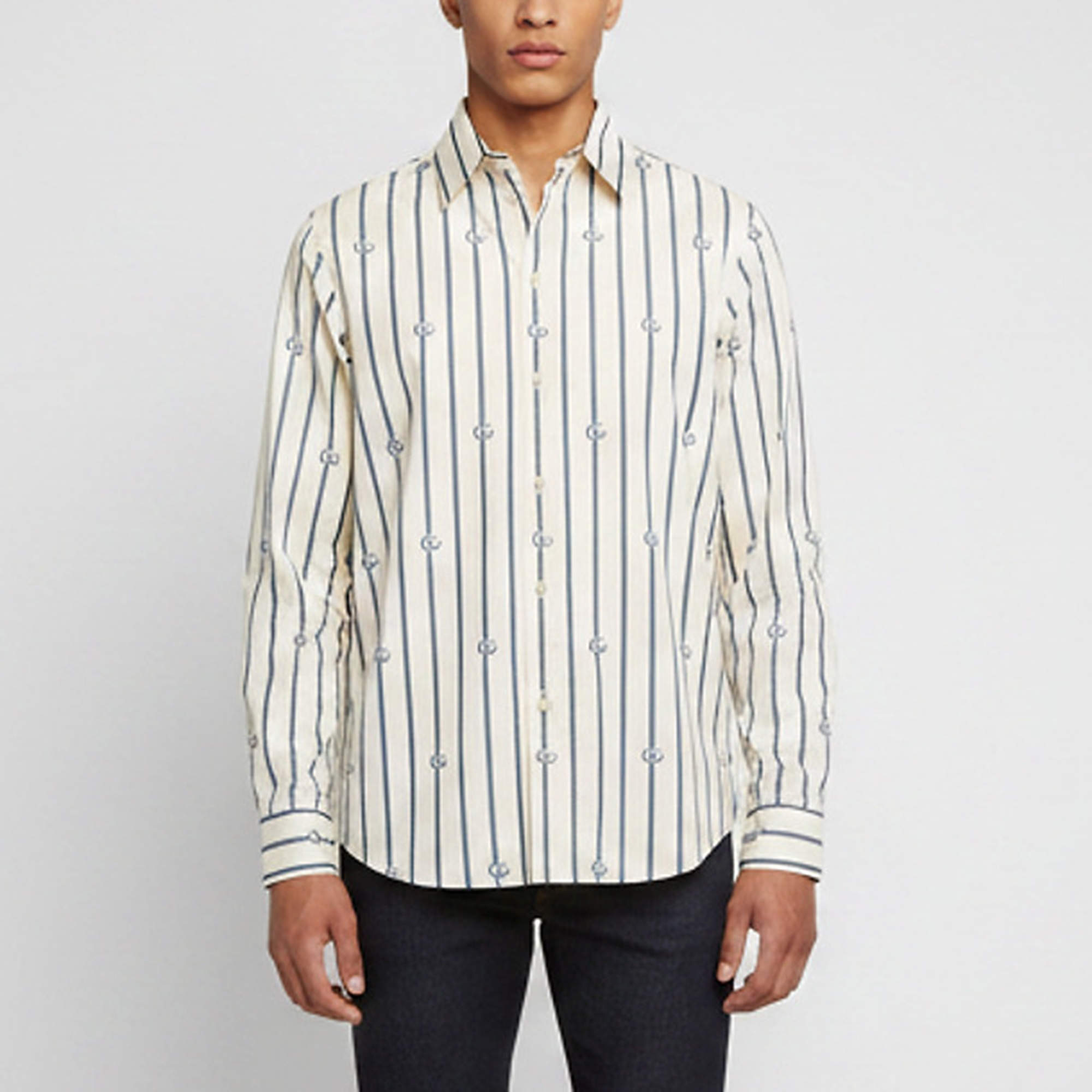 Pre Owned Gucci Cream/Blue Striped Logo Jacquard Poplin Shirt M