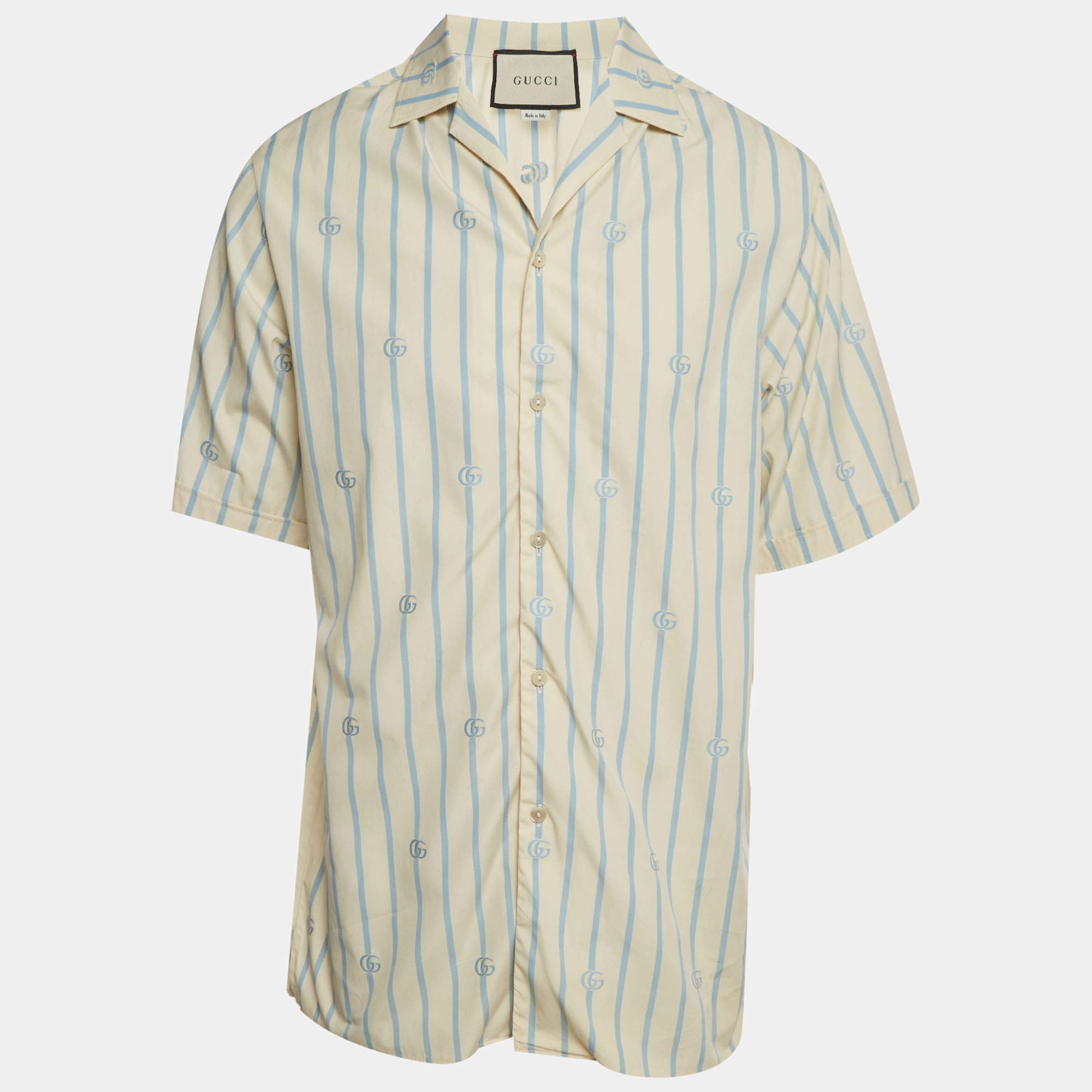 Pre Owned Gucci Yellow/ Blue Stripe Monogram Poplin Short Sleeve T-Shirt S