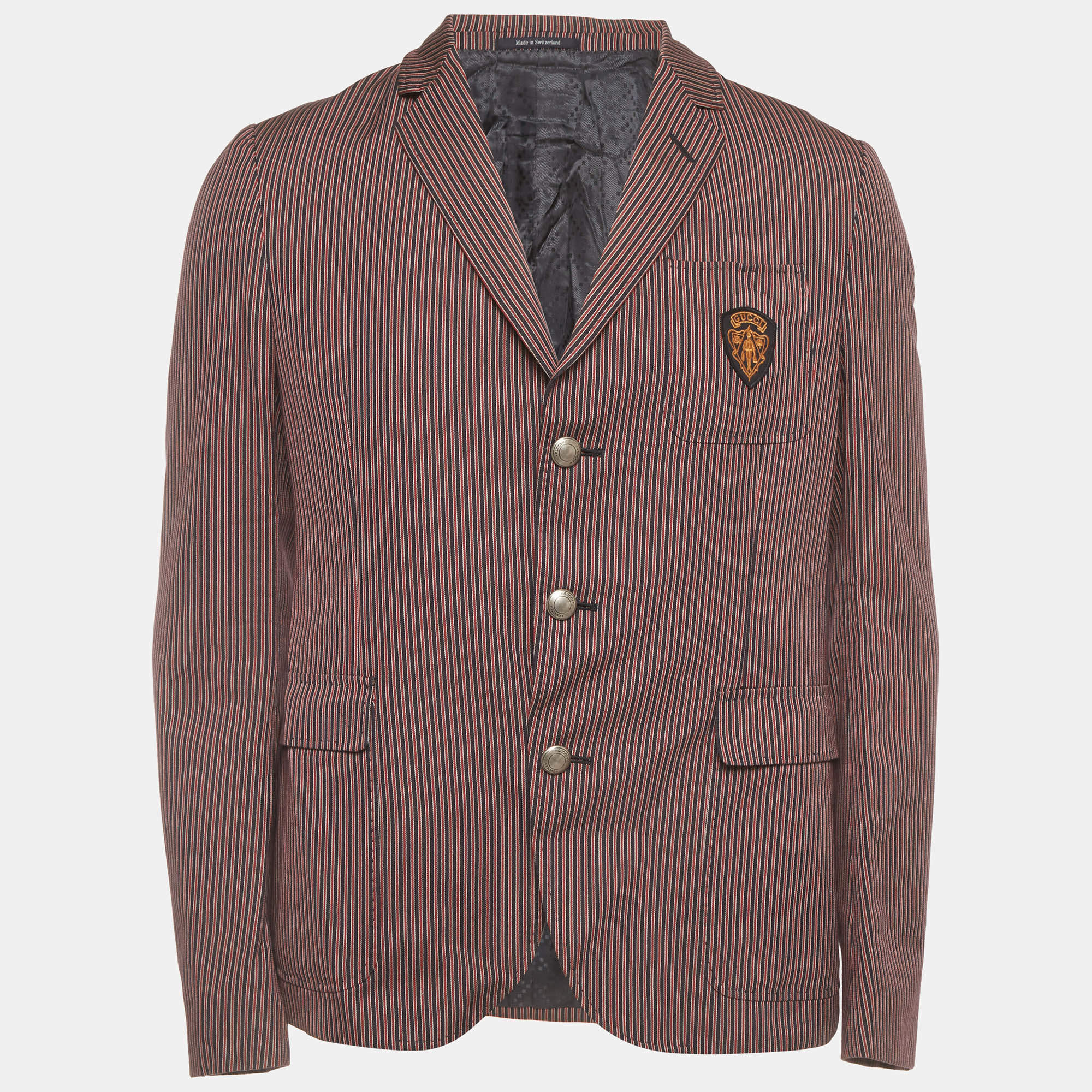 Pre Owned Gucci Red/Blue Striped Crest Cotton Schoolboy Hysteria Jacket L