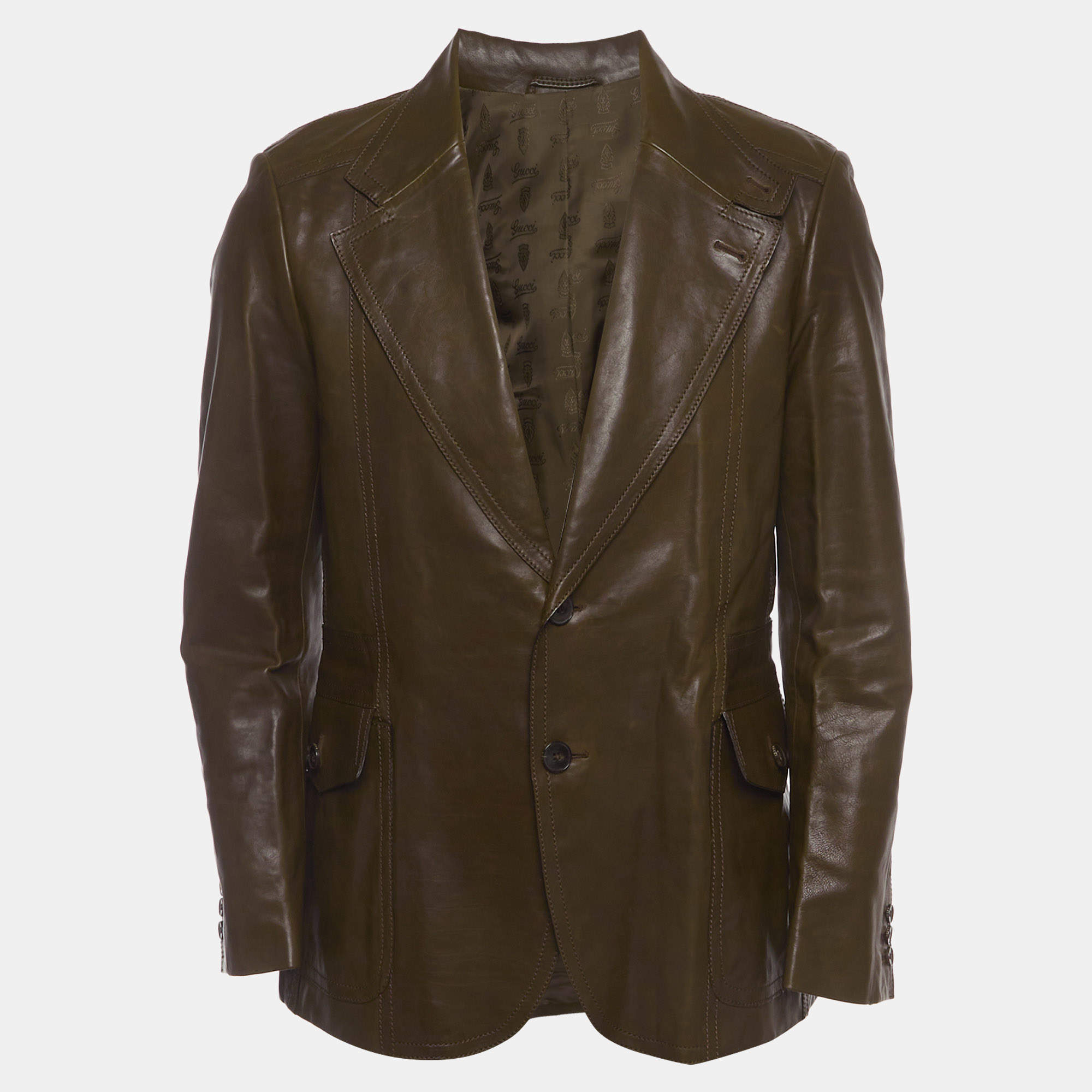 Pre Owned Gucci Brown Leather Long Sleeve Jacket L