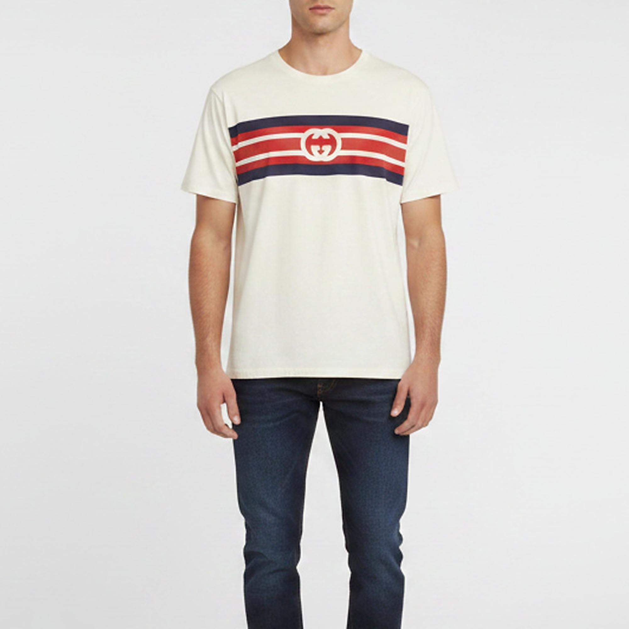 Pre Owned Gucci Cream Printed Jersey Short Sleeve Crewneck T-Shirt M