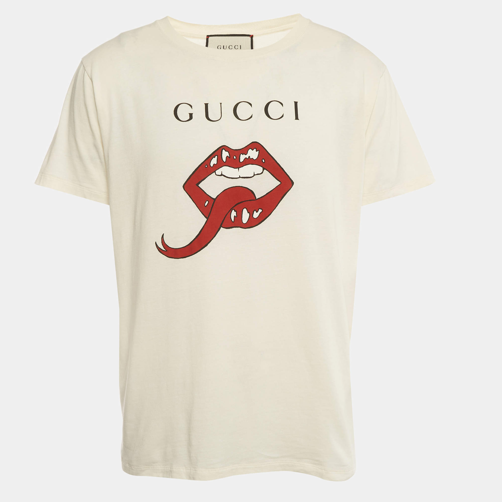 Pre Owned Gucci Yellow Mouth Print Jersey Short Sleeve T-Shirt S