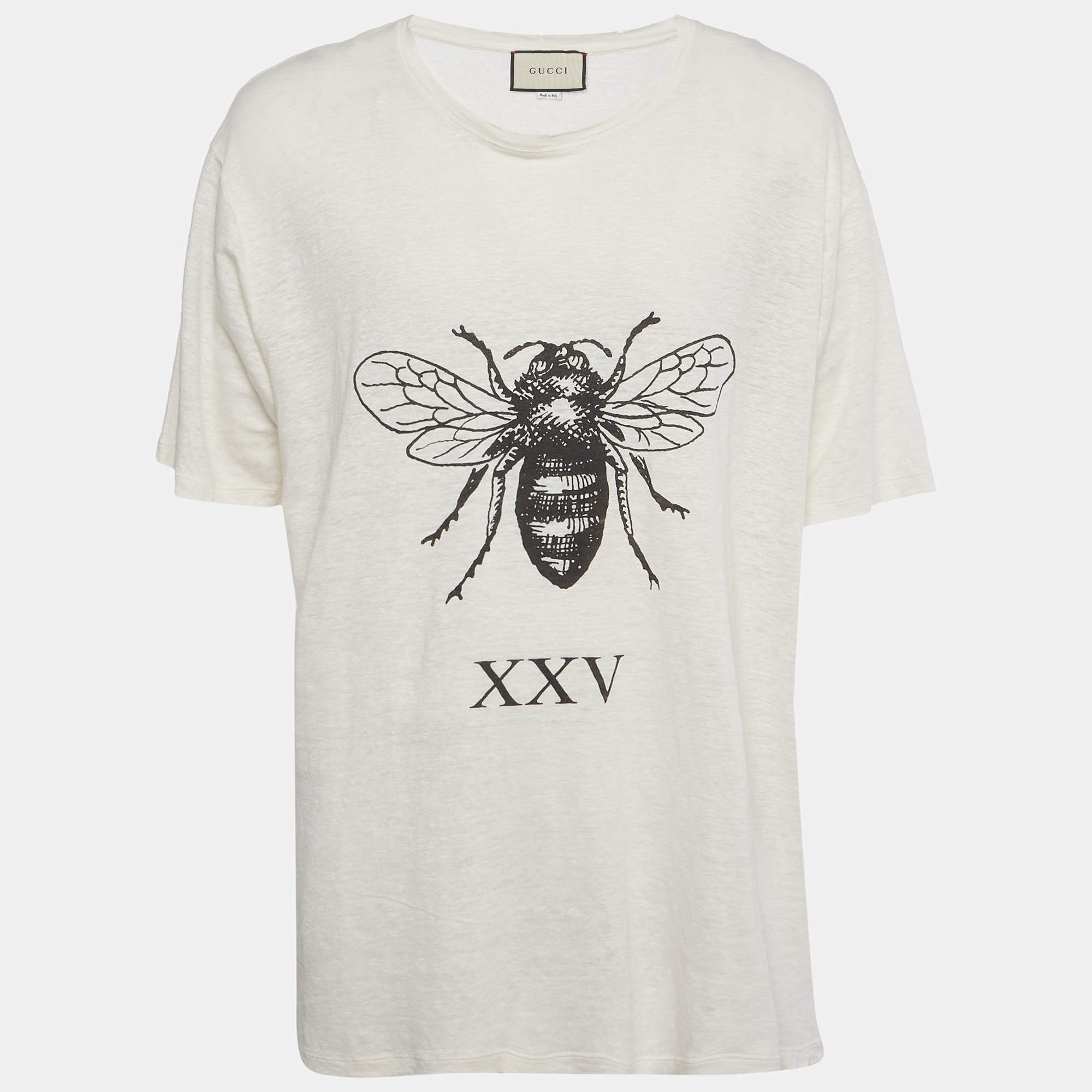 Pre Owned Gucci Cream Bee XXV Graphic Distressed Jersey T-Shirt XXL